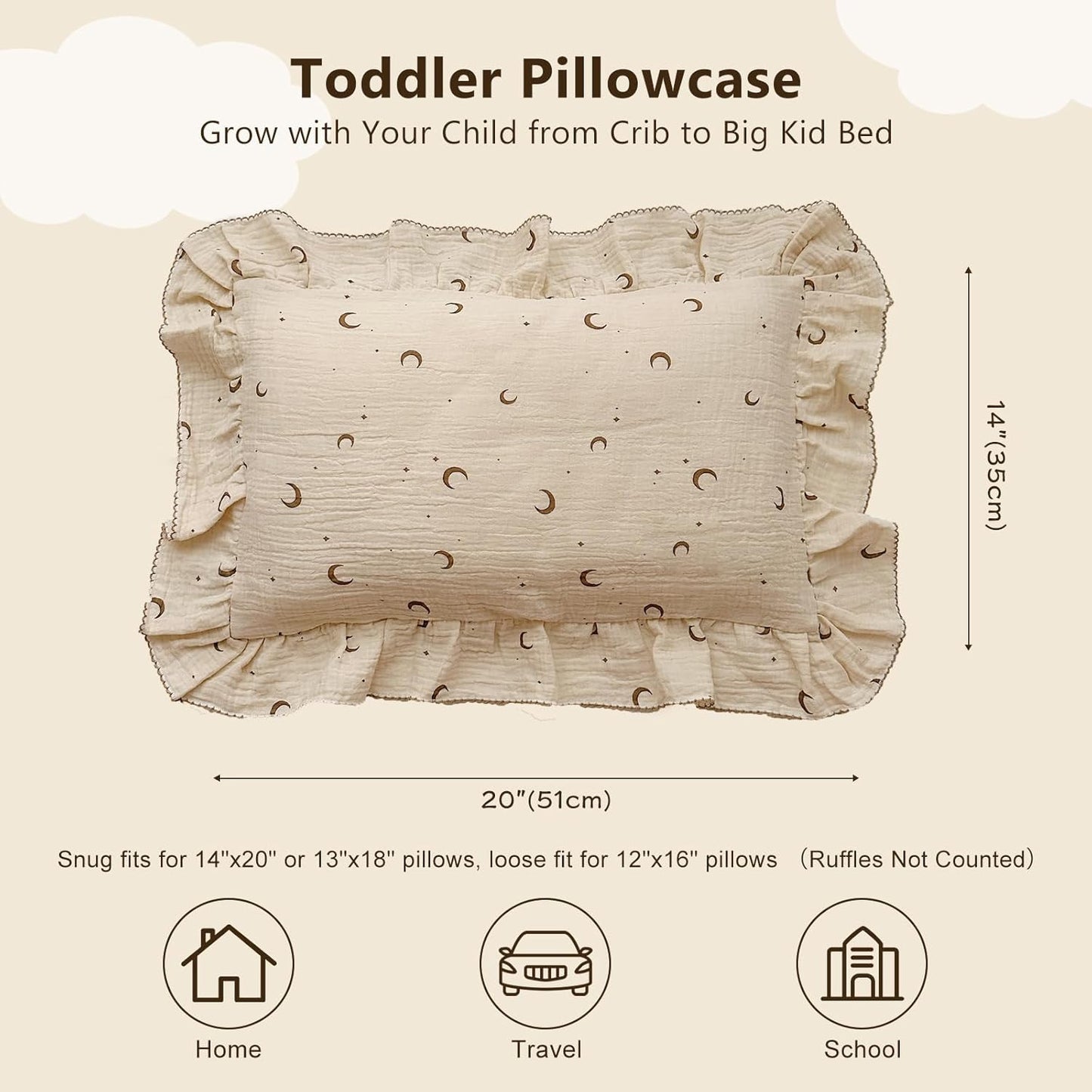 BuLuTu Muslin Toddler Pillowcases Girls Boys,Soft Breathable Cotton Kids Pillow Cover, Moon Star Pattern Shabby Chic Nursery Pillow Cases Enveloped Closure, 14"x20", 1 Piece