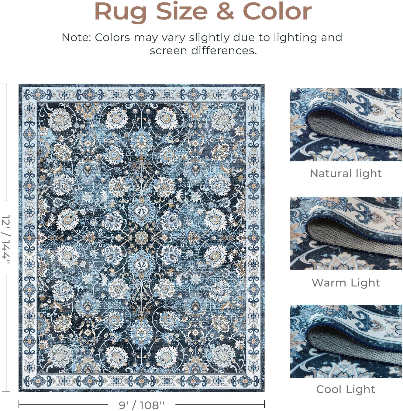 Blue 9x12 Area Rugs for Living Room, Washable Large Rug, Vintage Floral Soft Carpet, Non Slip & Low Pile, Wool Carpets for Indoor Bedroom Dining Home Playroom Office Under Table, Blue Garden