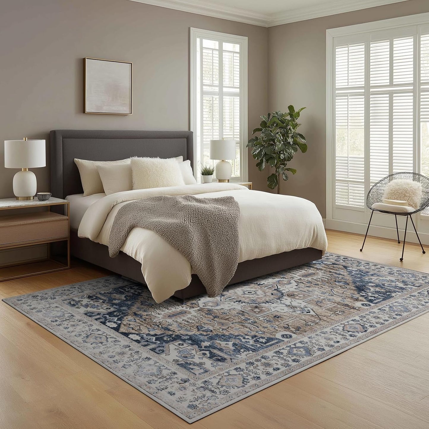 Washable Rugs 5x7 Area Rugs for Living Room, Thin Carpet for Bedroom, Soft Faux Wool Retro Dining Room Rug，Non Slip&Non-Shedding Resistant Low Pile Vintage Print Rug for Home Office (Taupe/Blue)