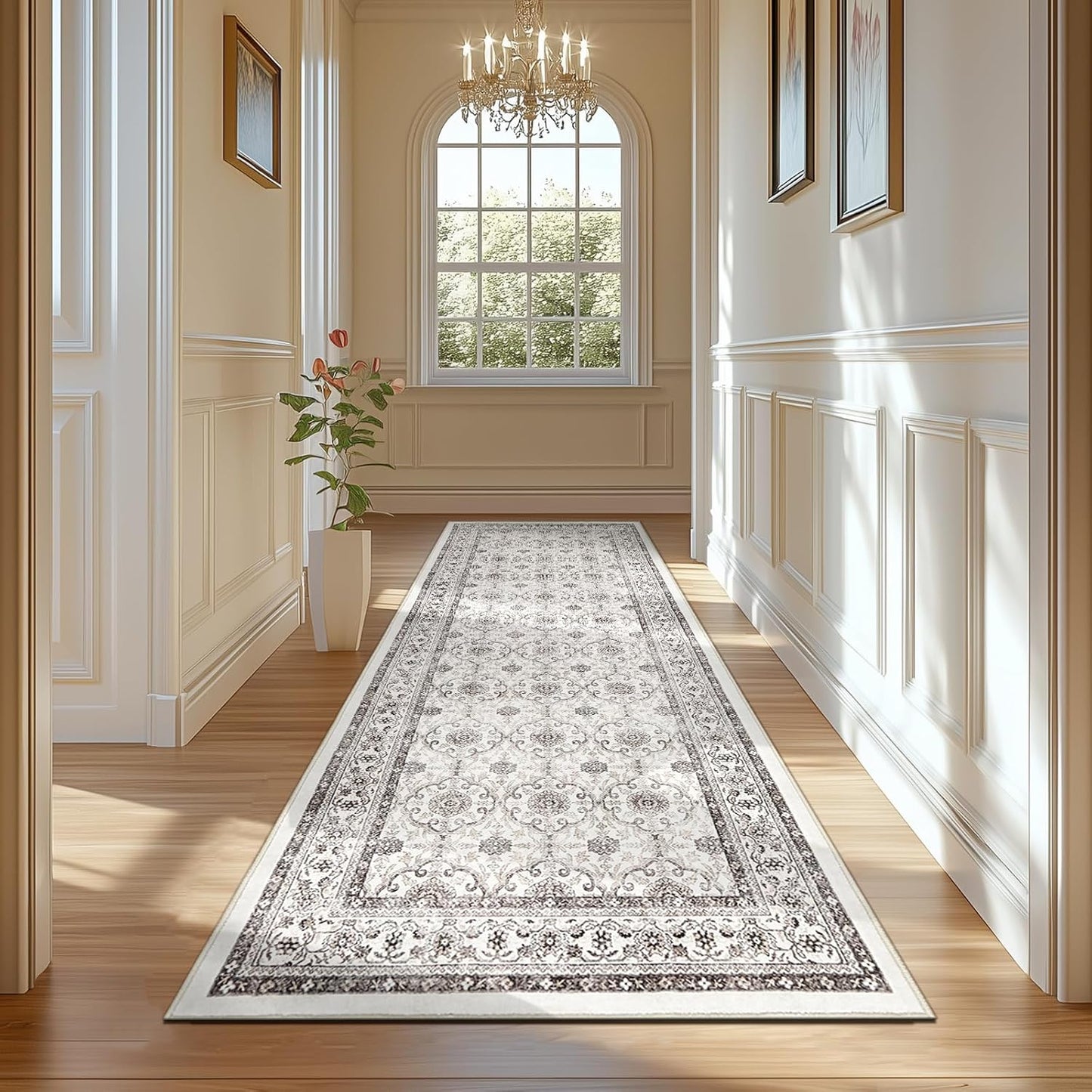 jinchan Hallway Runner Rug 3x8 - Machine Washable Beige Vintage Floral Distressed Design Soft Non-Slip Low-Pile Ultra-Thin Runner Rug for Kitchen Laundry Room Bedroom Farmhouse (3‘x8',Beige)