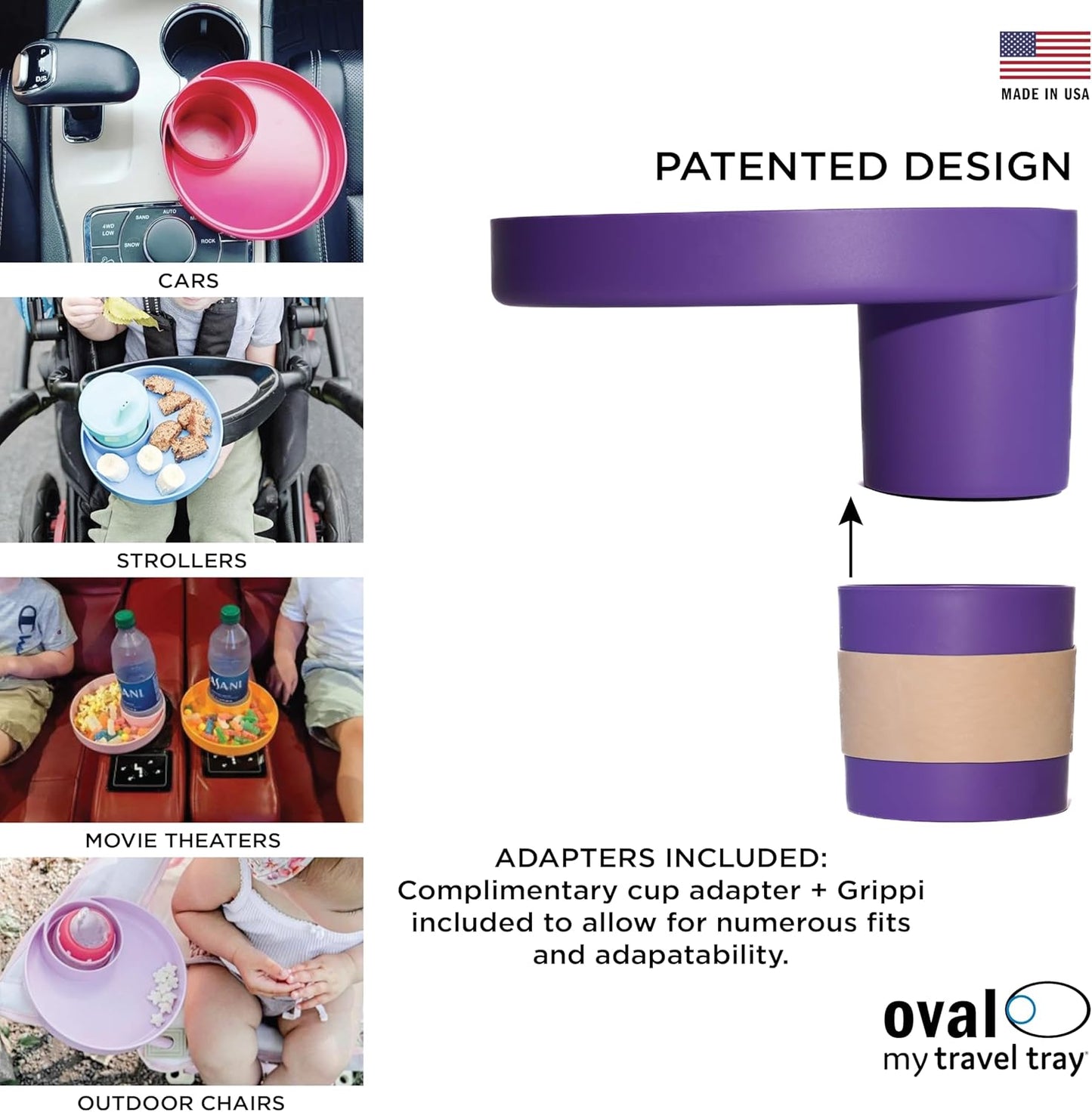 Travel Tray Oval USA Made Extend Your Current Cup Holder to Hold Your Cup Plus A Tray for Snacks, Toys and Accessories. Use in a Car Seat, Booster, Stroller, Golf Cart, Outdoor Chair, Purple