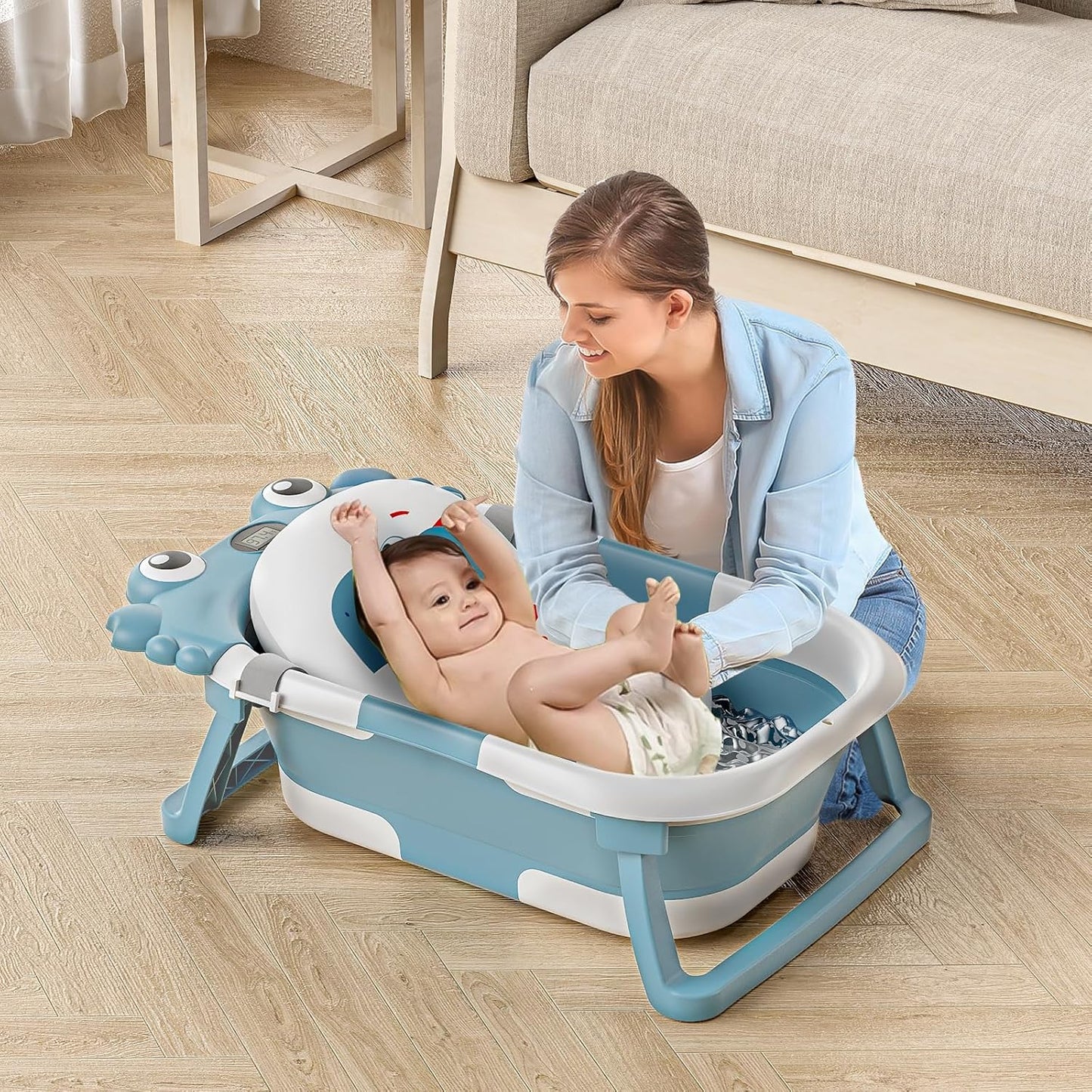 Collapsible Baby Bathtub for Newborns to Toddler with Real-time Temp Monitor & Floating Cushion,Portable Travel Tub for 0-36 Month, Foldable Baby Bath Tub for Infants Boy (Light Blue)