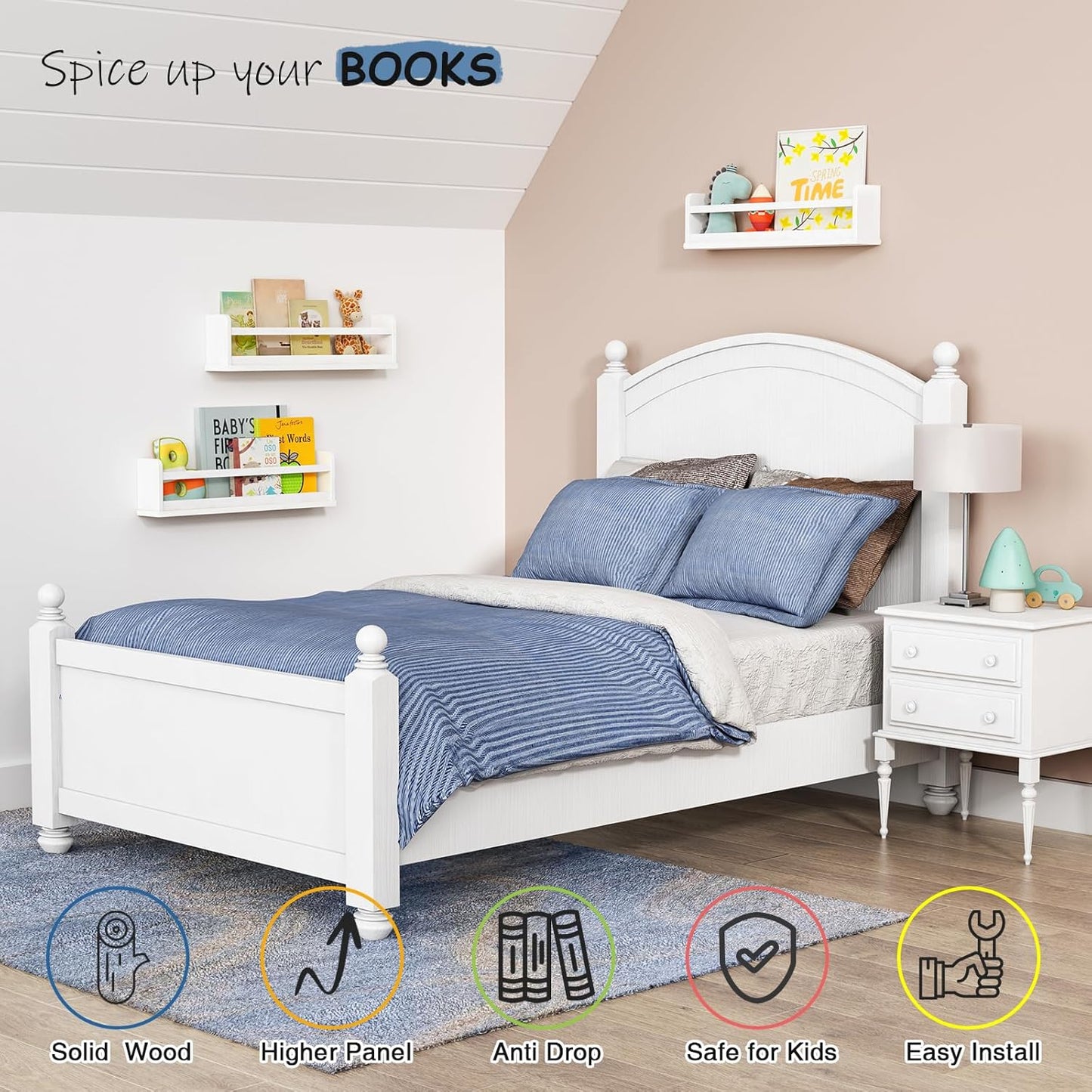 24 Inch White Wall Bookshelf for Kids Room, Floating Nursery Book Shelves Wall Mounted with Lip and Hanging Rod for Baby Girl Boy Bedroom, Large Corner Hanging Children Bookshelves -Set of 3