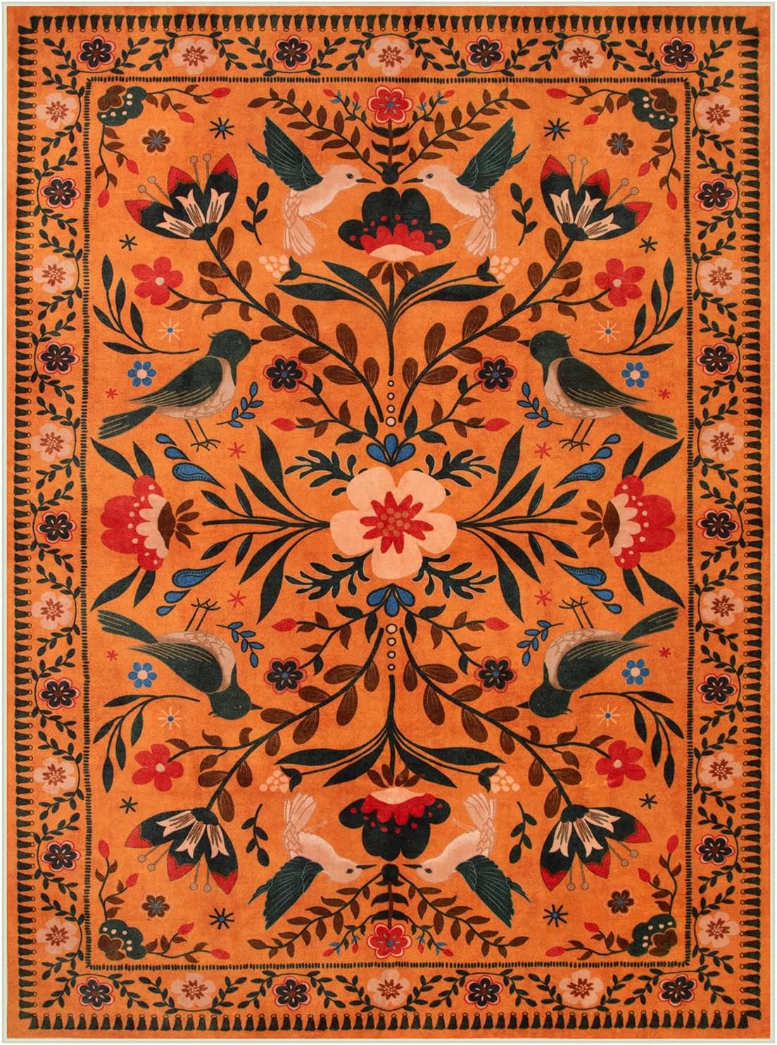 Moynesa Boho Area Rugs 9x12 Living Room, Machine Washable Ultra Thin Soft Bedroom Rug, Indoor Bird Floral Pattern Print Large Orange Carpet for Hardfloor Dining Room Under Table Playroom
