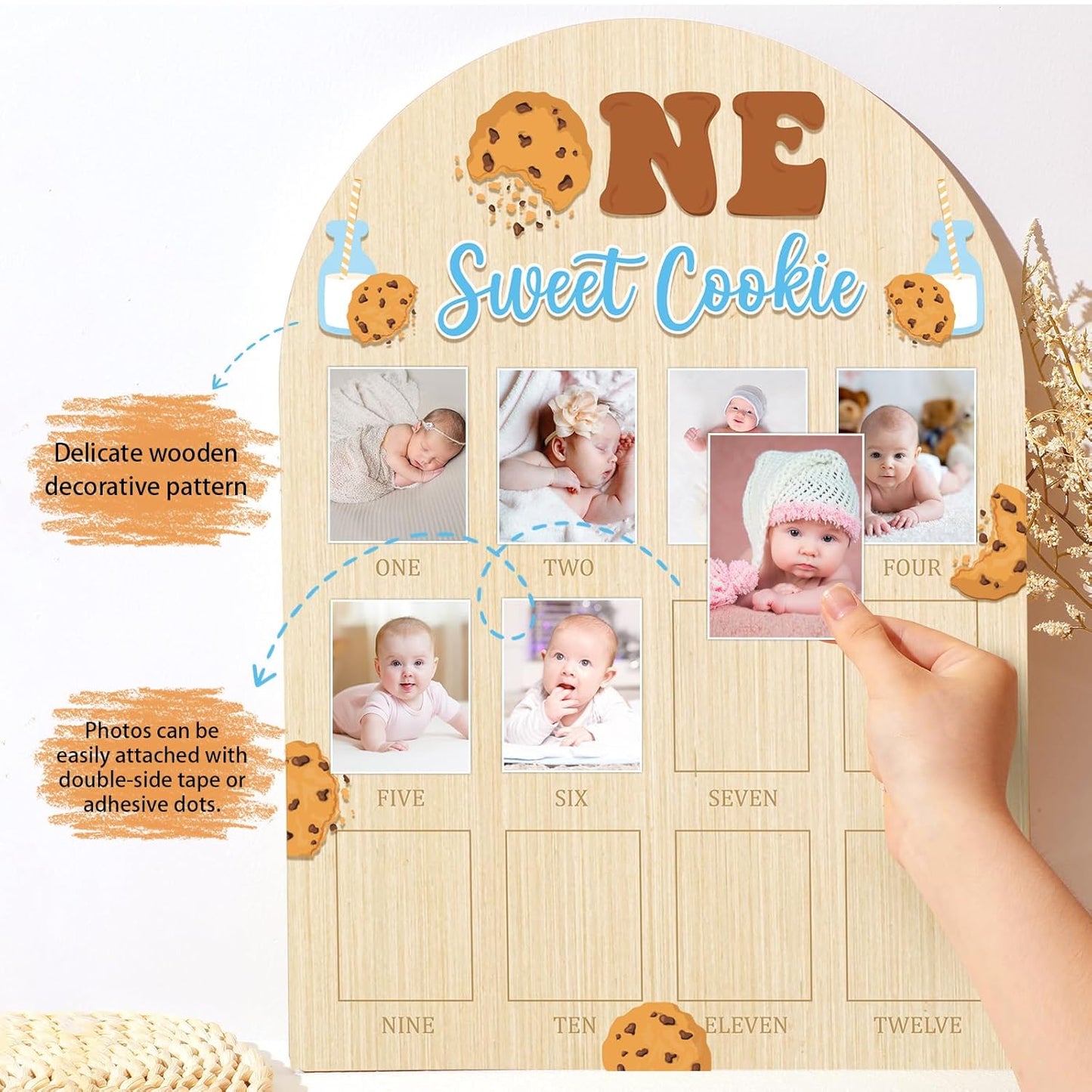 One Sweet Cookie Photo Board Milk and Cookies Birthday Party Wooden Board Decorations 12 Monthly Milestone Picture Frame One Year Old Wood Sign 1st Birthday Photo Banner for Baby Keepsake Gift Supply