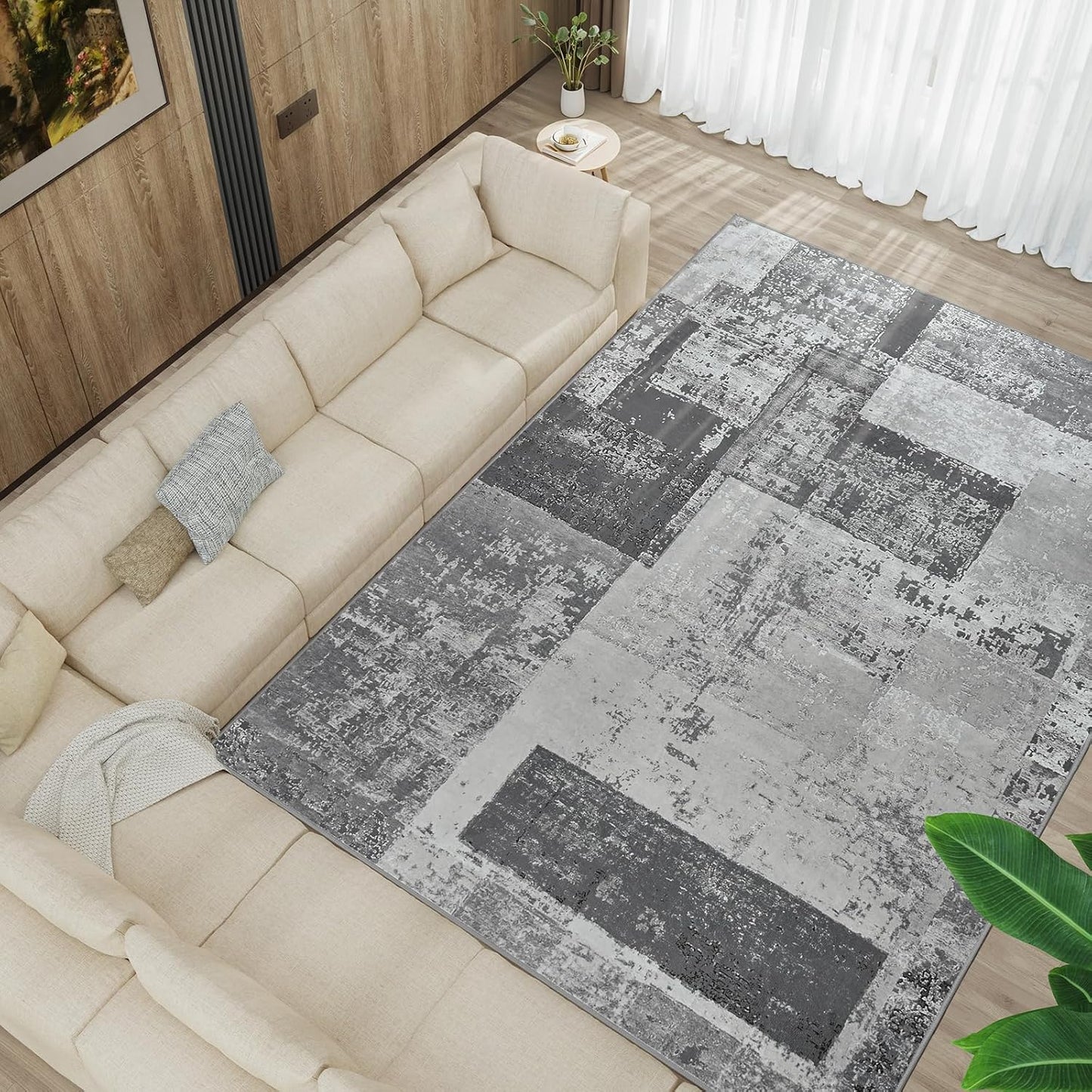 LOCHAS Rug for Living Room, Washable Soft Area Rugs for Bedroom 9x12, Abstract Carpet for Indoor Office Kids Dining Room Nursery Floor, Grey Geometric Vintage Home Decor, Non Slip, Pet Child Friendly