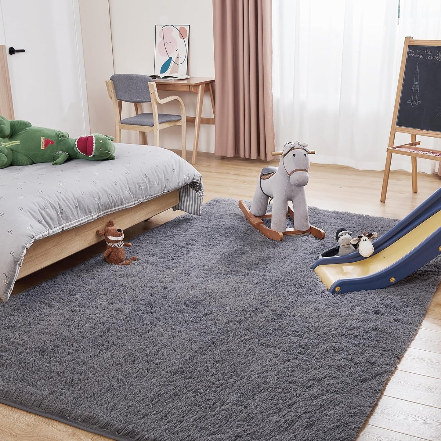 Ultra Soft Grey Rugs for Living Room, 5x7 Fluffy Plush Area Rugs for Bedroom, Non-Slip Floor Carpet for Kids Room, Bedside, Playroom, Corridor, Indoor Decor