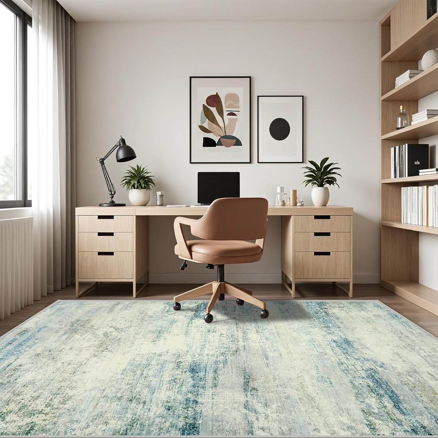 Area Rug 9x12 Washable Rugs: Abstract Large Living Room Rugs with Non-Slip Backing, Thin Carpet for Dining Room Table Bedroom Nursery Indoor Home Office-Blue/Gray