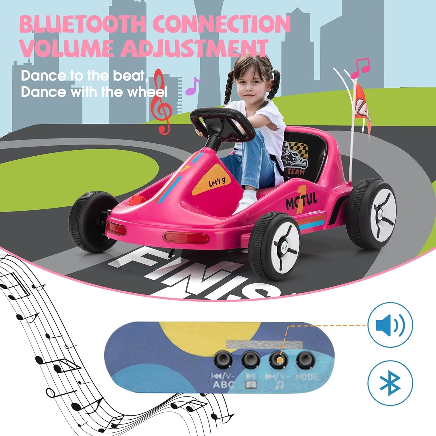 TOBBI 12V Electric Go Kart for Kids Battery Powered Ride on Car Outdoor Race Toy with Remote Control, Safety Belt, Music, LED Lights and Flags for Toddlers 3-8 Years, Pink