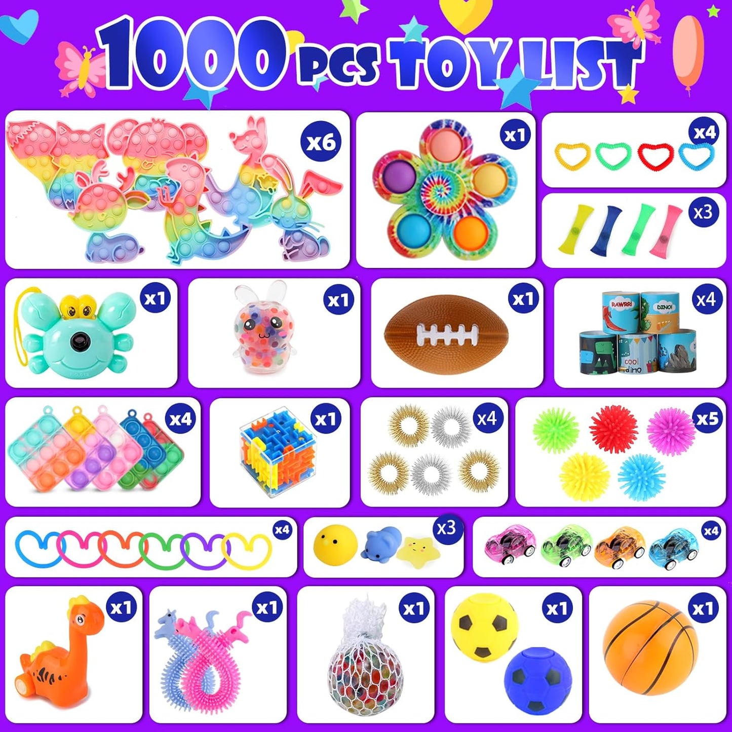 1000Pcs Fidget Toys Pack, Bulk Party Favors for Kids, Stocking Stuffers, Treasure Box Chest, Birthday Party, Classroom Carnival Prizes, Pinata Stuffers, Goodie Bag Stuffers, Stress Relief, Sensory Toy