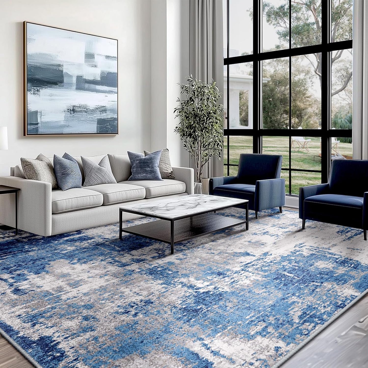 Washable Area Rugs 6'x9' Non-Slip Modern Abstract Soft for Living Room Entryway Bedroom Nursery, Print Pattern, Blue Grey Navy Gray