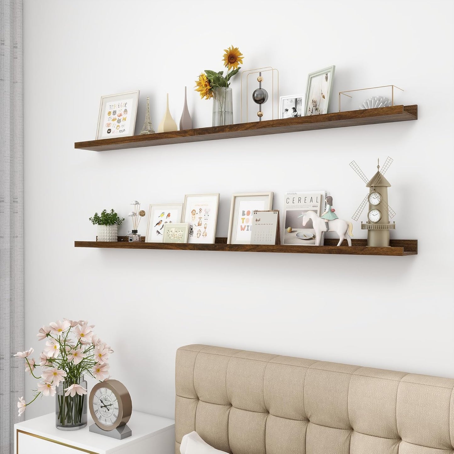 Picture Ledge Shelf, Wood Long Floating Shelves for Wall, Set of 2, 56 inch Picture Ledge Shelves, Photo Ledge Nursery Book Shelves Wall Mounted for Living Room Kids' Room Bedroom, Color Walnut