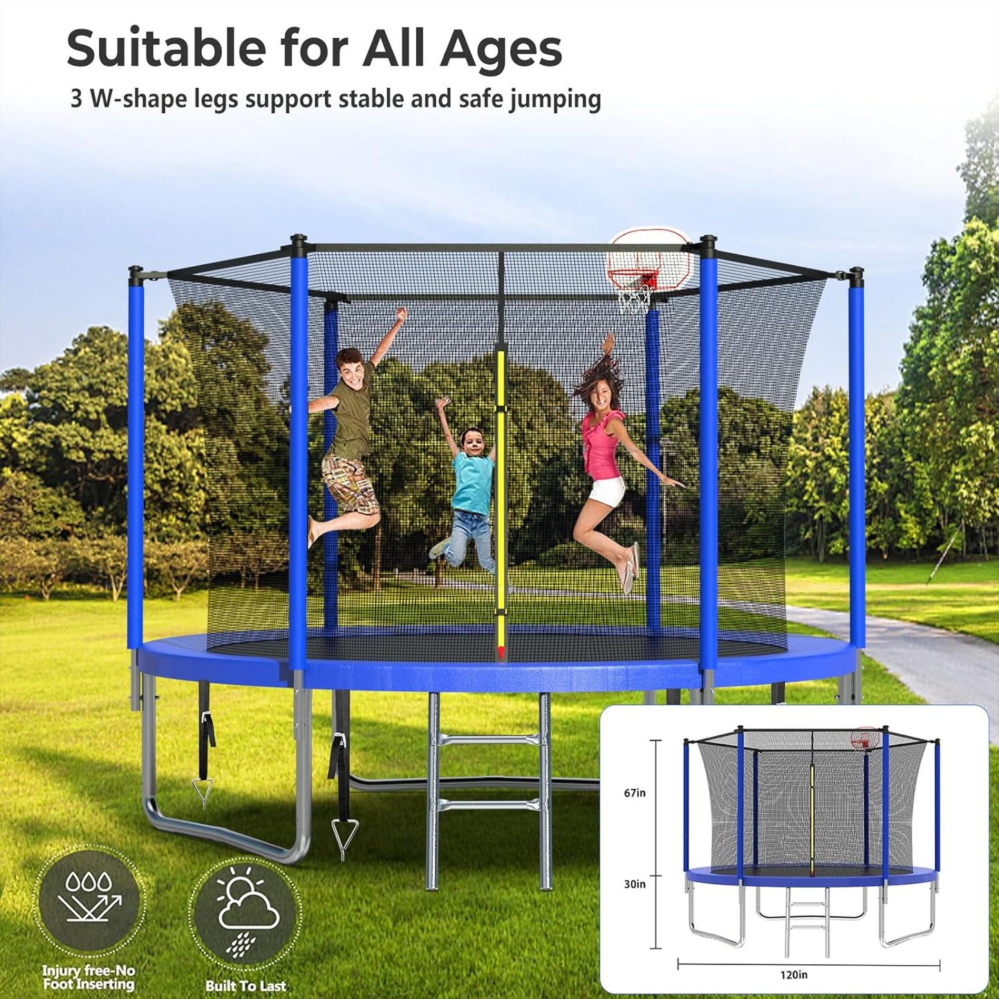 Upgraded 10/12/14/15/16FT Trampoline Outdoor, Large Kids Trampoline with Light, Stakes, Sprinkler, Backyard Trampoline with Basketball Hoop and Net, Capacity for 4-6 Kids and Adults