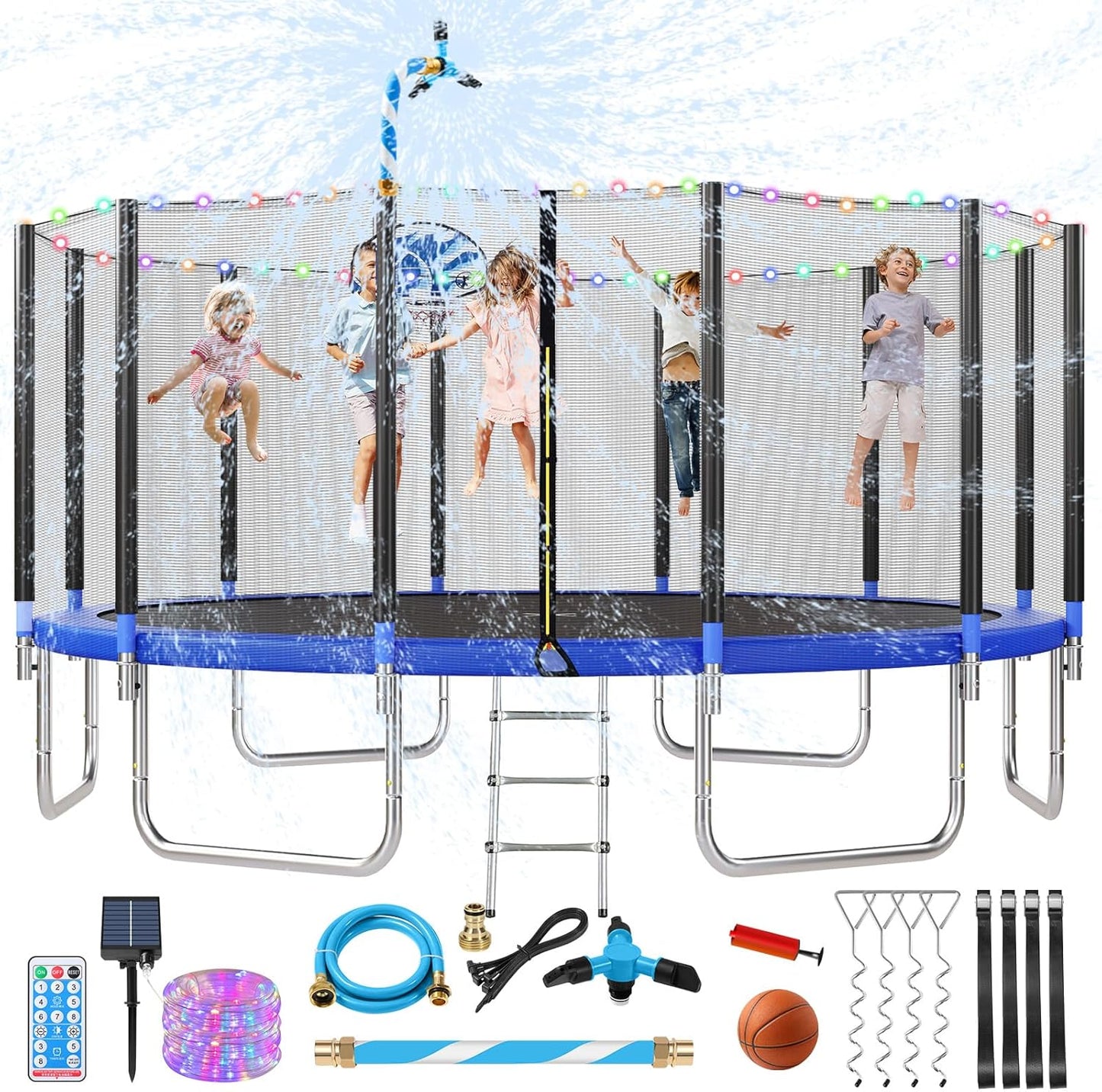 Upgraded 10/12/14/15/16FT Trampoline Outdoor, Large Kids Trampoline with Light, Stakes, Sprinkler, Backyard Trampoline with Basketball Hoop and Net, Capacity for 4-6 Kids and Adults