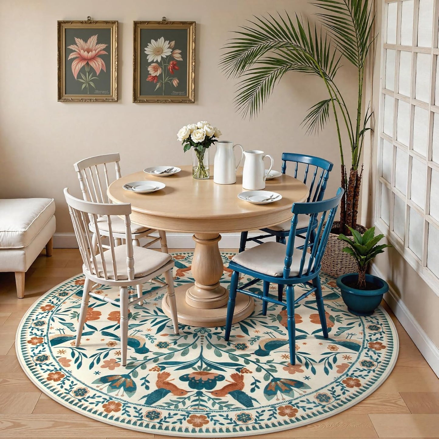 Moynesa Boho Bird Round Rug 6ft, Machine Washable Circle Area Rug for Living Room Ultra Thin Soft Large 6'x6' Bedroom Carpet for Office Kitchen Dining Room Under Table, Indoor, Easy Clean, Beige