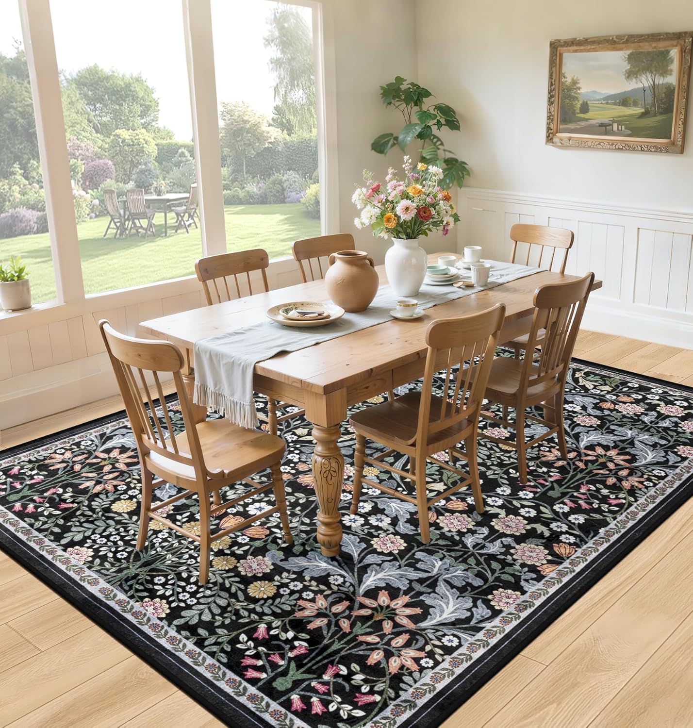 10x14 Area Rugs for Living Room: Floral Washable Rug Vintage Large Soft Boho Non-Slip Carpet Indoor Stain Resistant Low Pile Carpets for Bedroom Dining Room Farmhouse Nursery Home Office Dark Black