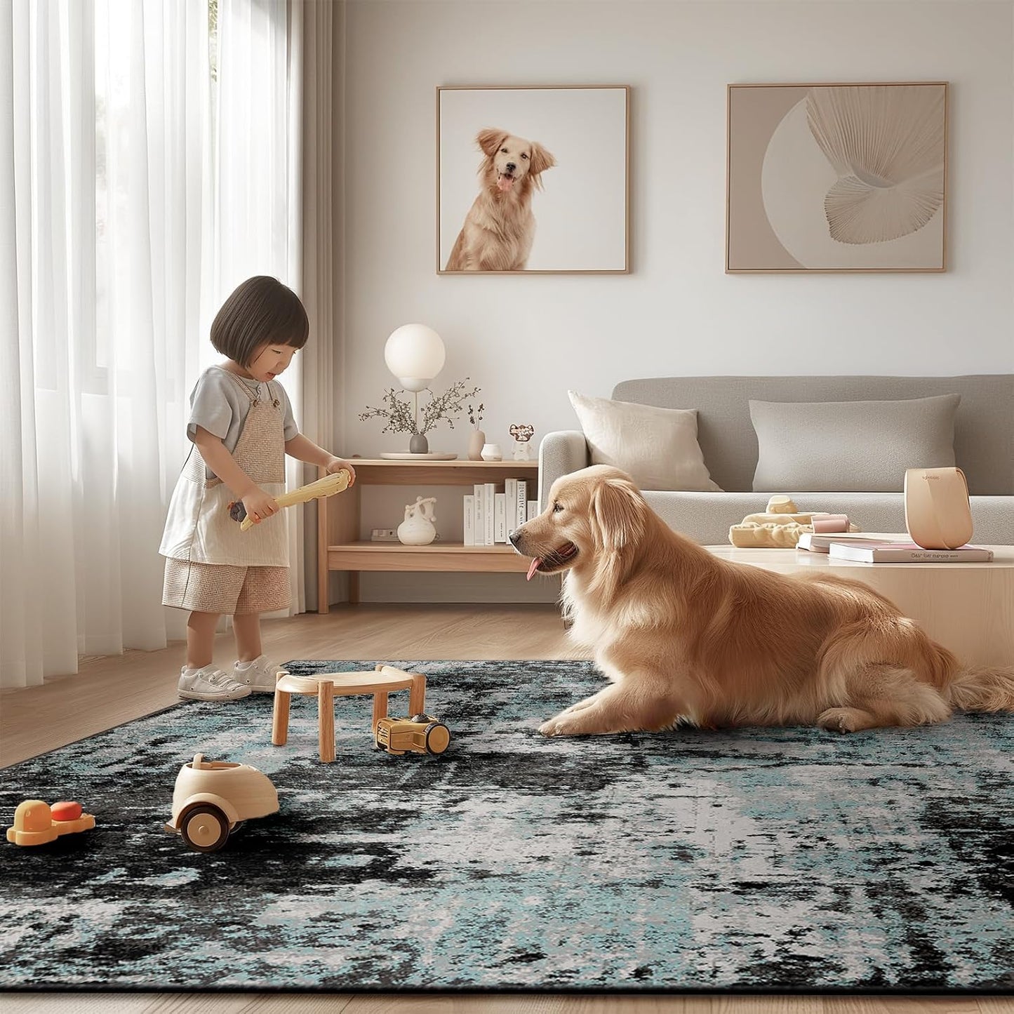 Washable Area Rugs 4ft Non-Slip Modern Abstract Soft for Living Room Entryway Bedroom Nursery, Print Pattern, Blue Black Teal