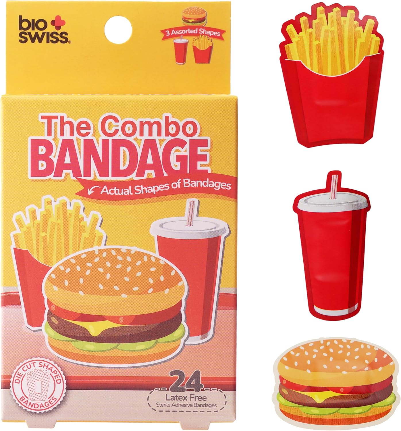 BioSwiss Bandages, Combo Meal Shaped Self Adhesive Bandage, Latex Free Sterile Wound Care, Fun First Aid Kit Supplies for Kids, 24 Count