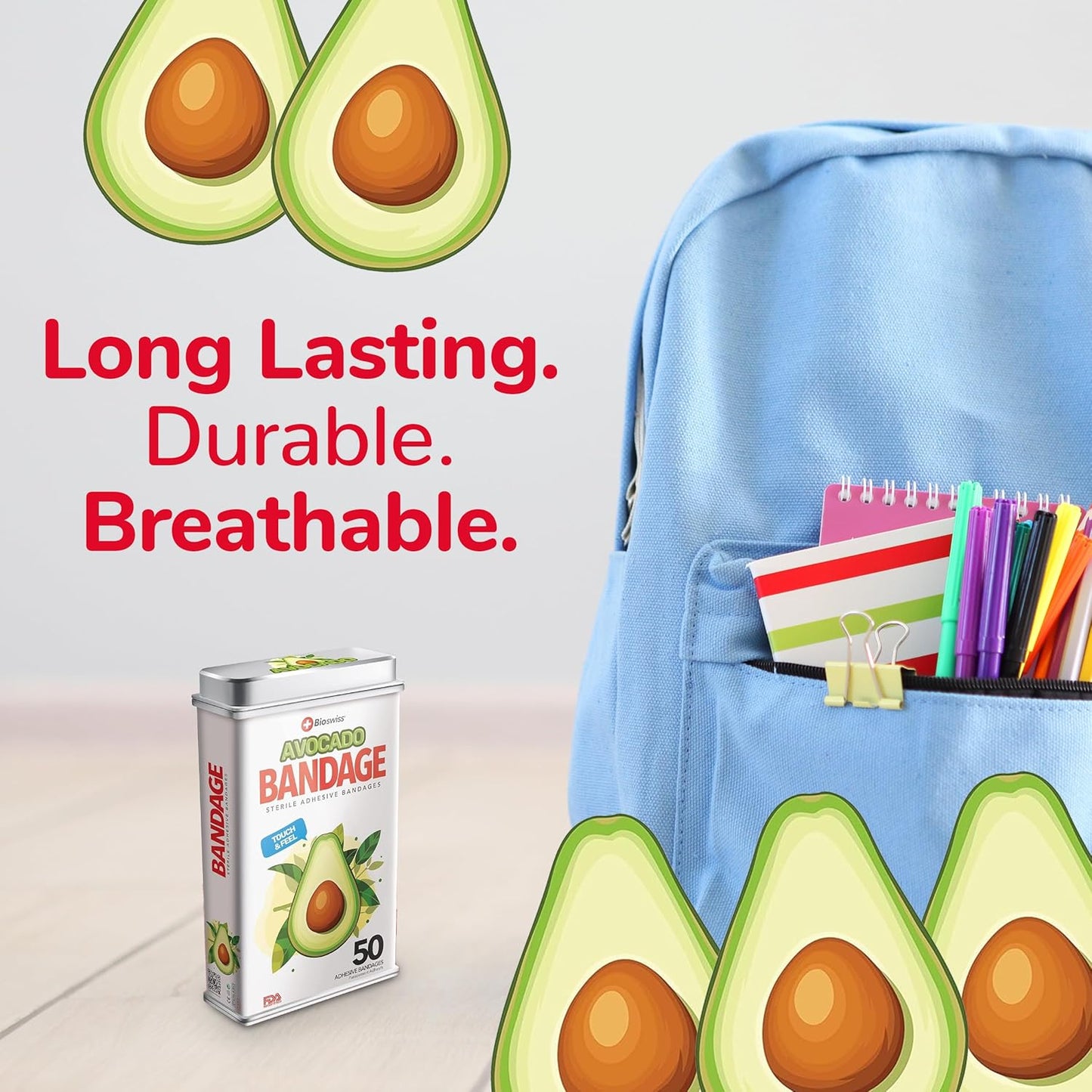 BioSwiss Bandages, Avocado Shaped Self Adhesive Bandage, Latex Free Sterile Wound Care, Fun First Aid Kit Supplies for Kids, 50 Count