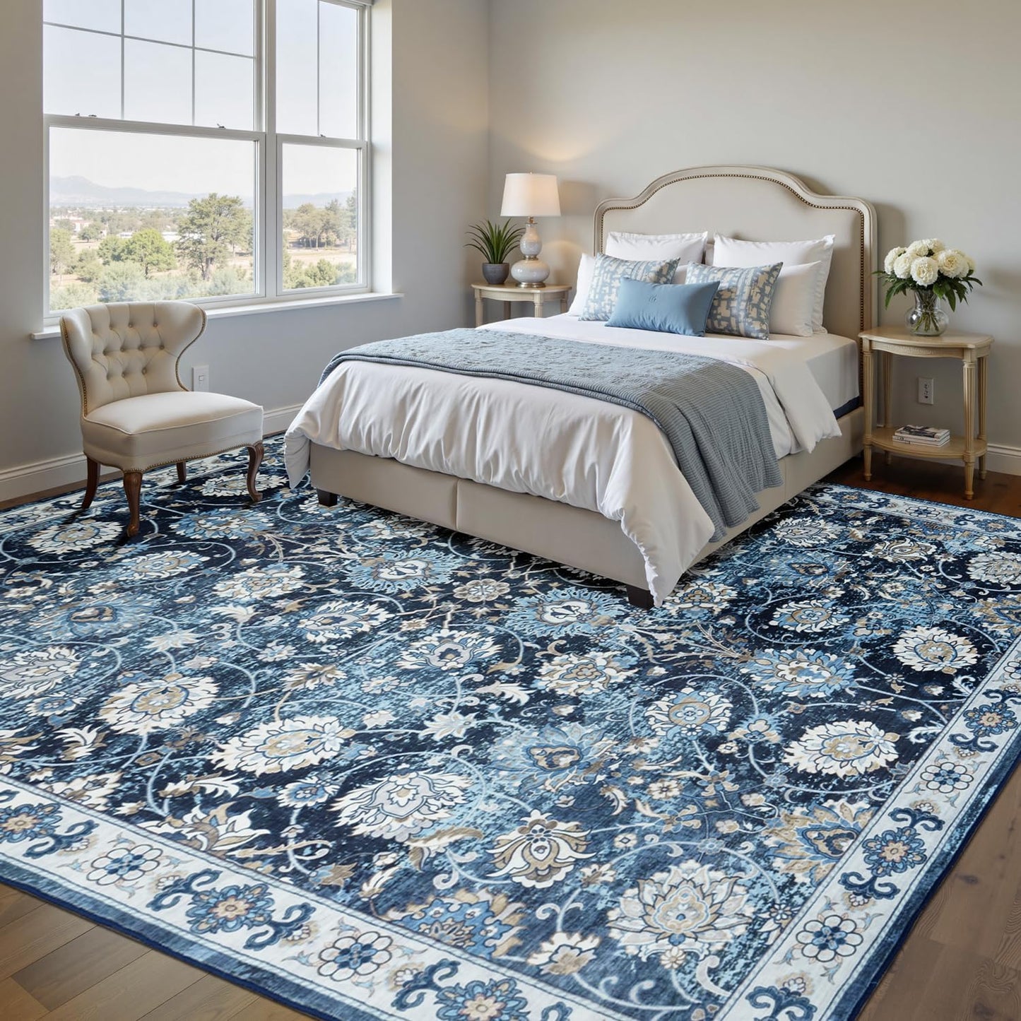 Floral 8x10 Area Rug for Living Room, Large Washable Blue Rugs, Soft Non Slip Carpets, Stain Resistant Low Pile Carpet for Indoor Dining Bedroom Under Table Home Office Nursery, Blues Garden