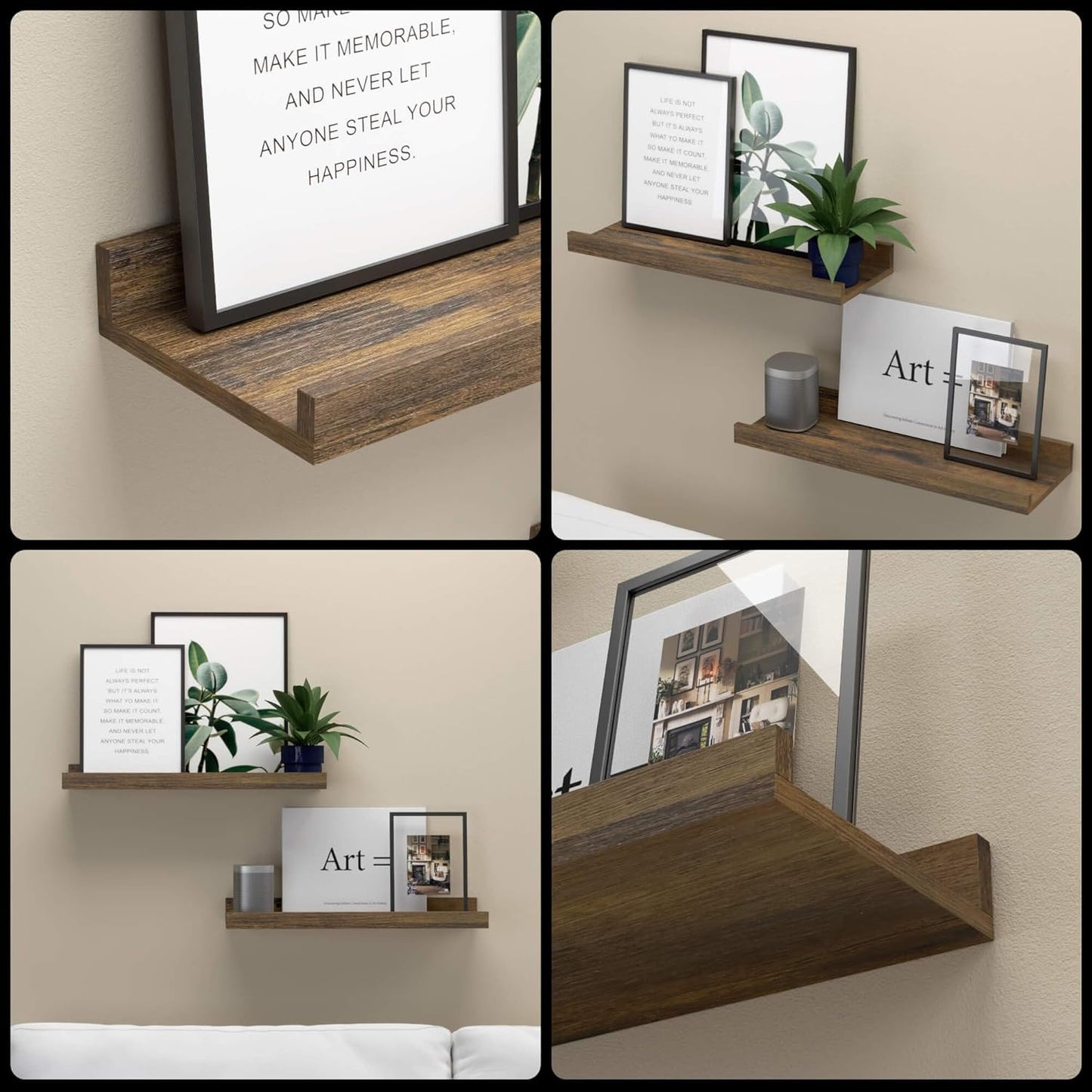 Floating Shelves for Wall, Wall Mounted Shelves Set of 2, Rustic Shelves with Lip, Display Picture Ledge Shelf for Wall Decor Living Room Bathroom Kitchen - Brown