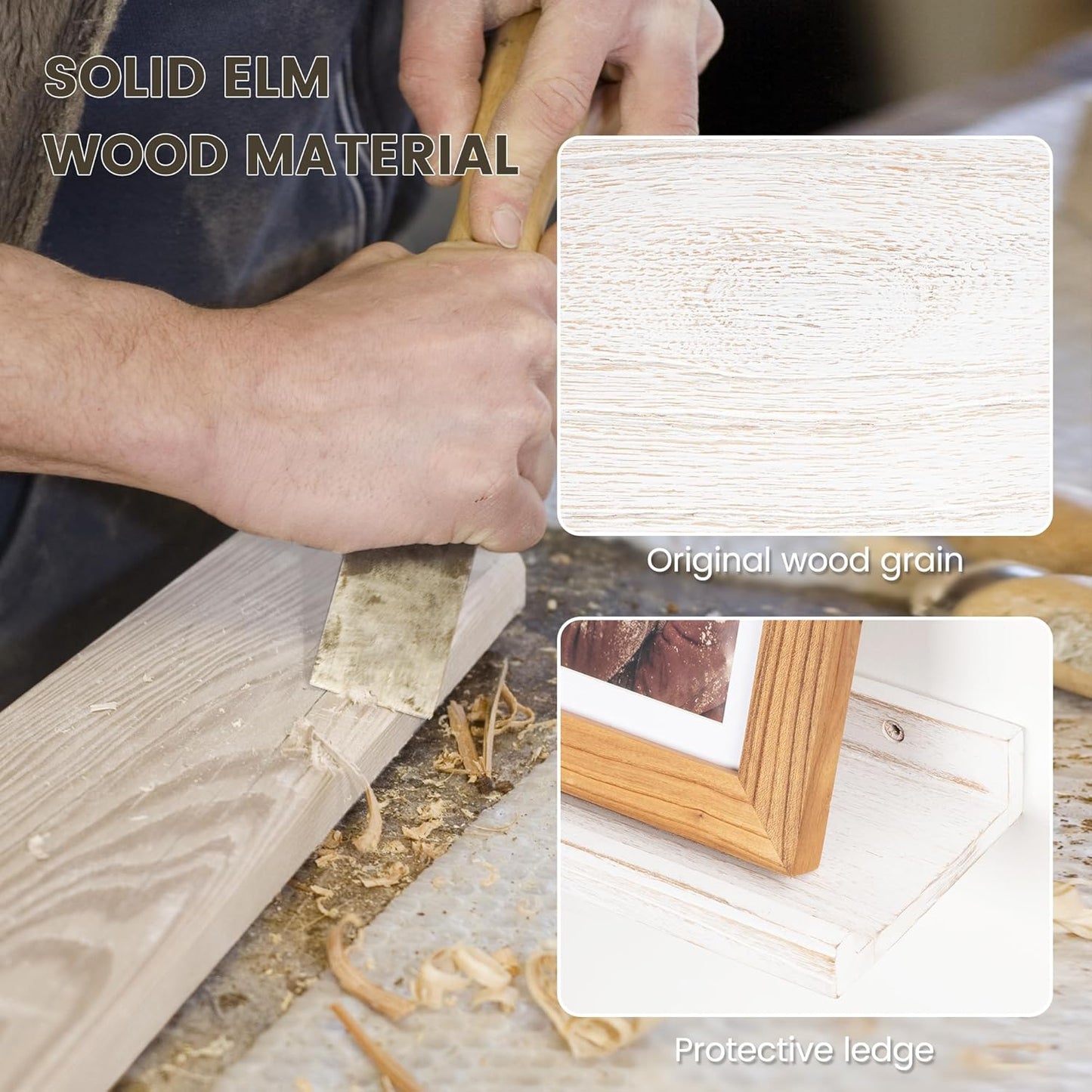 Picture Ledge Shelf, 48 Inch Long Floating Shelves for Wall, Nursery Bookshelf for Storage with Lip, Rustic Elm Wood Photo Ledge Shelves for Bedroom, Living Room, Kitchen (White, 48in Set of 2)