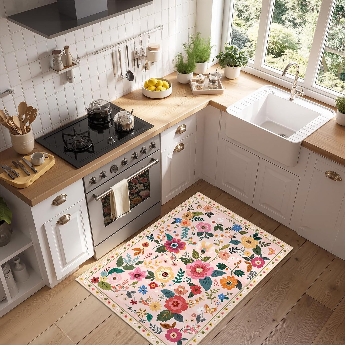 Floral 2x3 Area Rug Machine Washable Soft Print Boho Carpet Non Slip Doormat Low Pile Flower Area Rugs for Living Room Bedroom Nursery Kitchen Dining Room Indoor-Pink