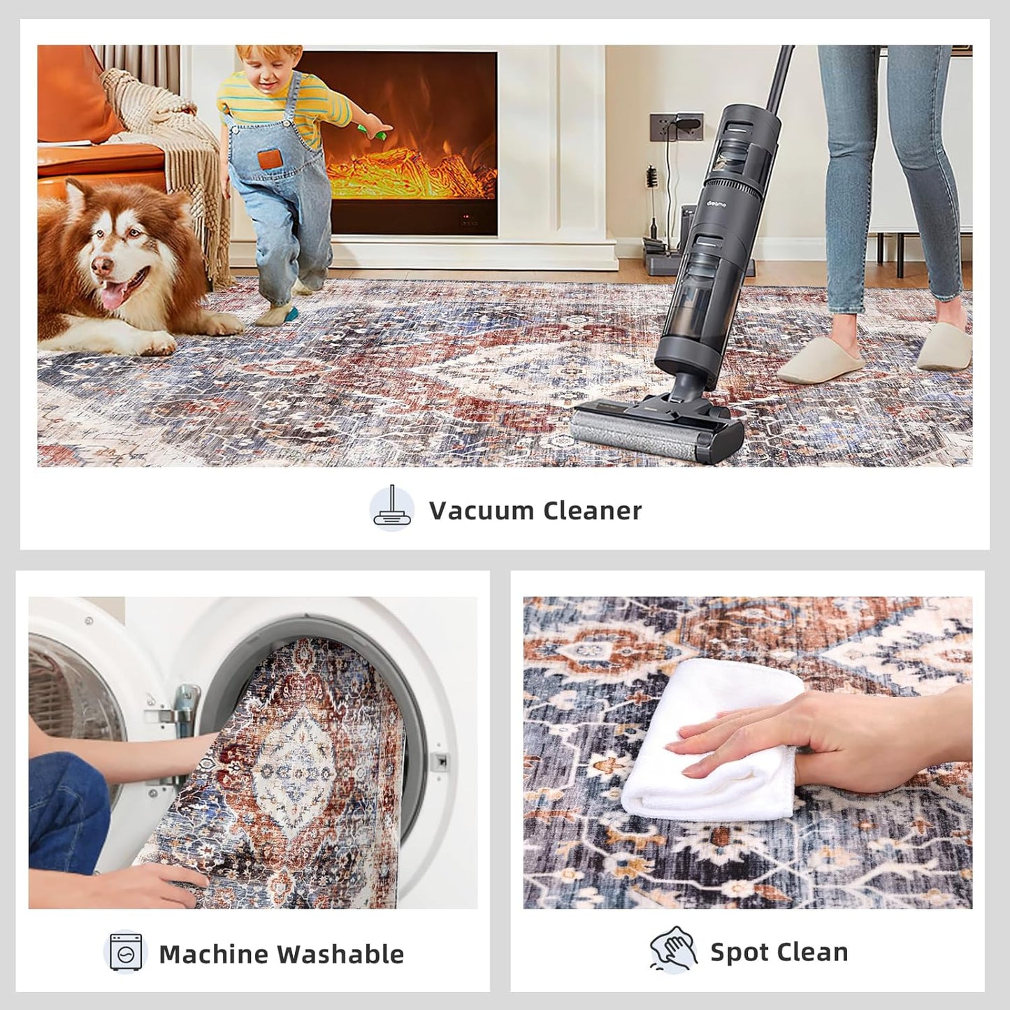 Deerly 2x7ft Bohemian Kitchen Runner Rug - Floral Design, Soft Low Pile, Non-Slip, Border Brown/Navy Blue