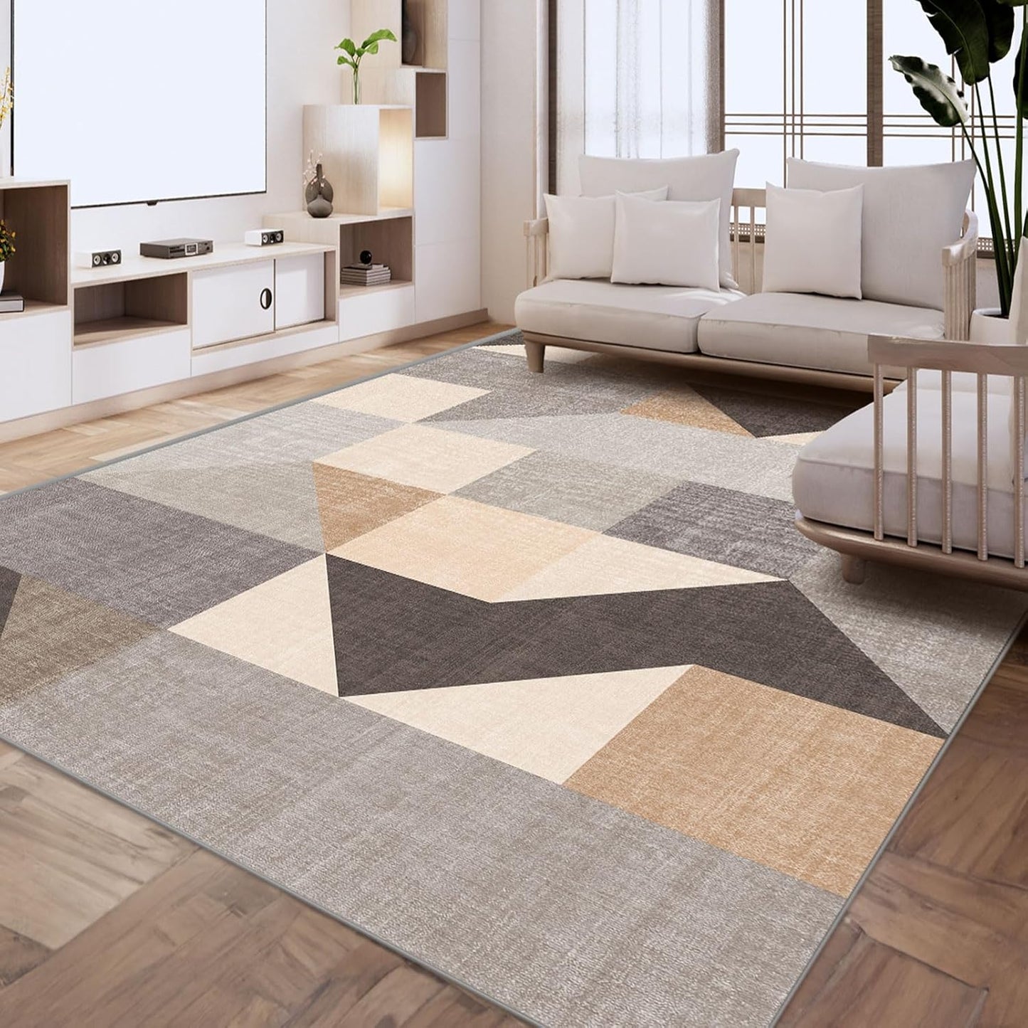 HOMFINE Washable Modern Area Rug - Geometric Style 5x7 Rugs for Living Room, Bedroom, Machine Washable Rug Soft Non Slip Non Shedding Area Rug - Grey Brown, 5'x7'