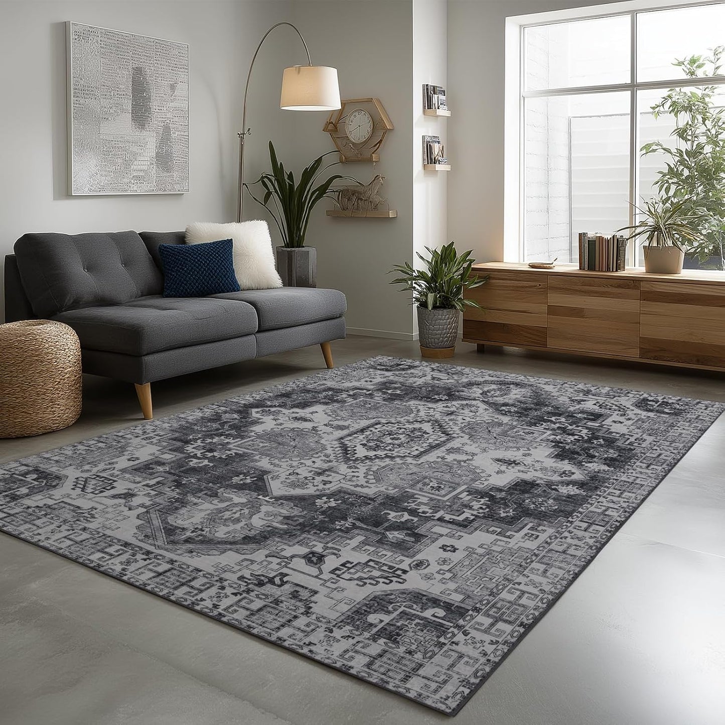 9x12 Area Rug Living Room Rugs, Stain Resistant Washable Rug, Vintage Large Non-Slip Backing, Low Pile Lightweight Print Rug for Bedroom Dinning Room Home Office (Medium Gray)