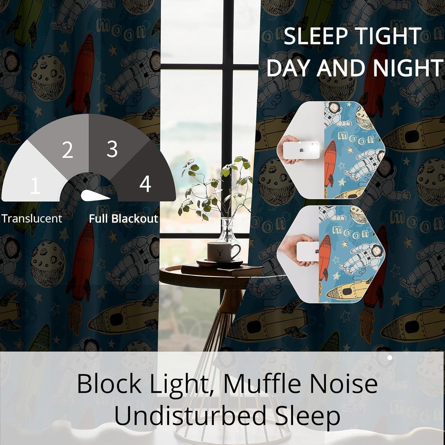 Kids Astronaut and Rocket Blackout Curtains - 100% Blackout, Thermal Insulated, Noise Reducing, Bring The Cosmos Closer to Your Kid’s Room, 2 Panels (Moonbound Adventure, W52×L84)