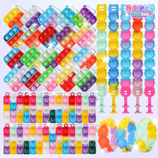 81 PCS Mini Pop Fidget Toys Pack Party Favors, Easter Silicone Squeeze Pop Bracelet it Bubble Fidget Bulk Sensory Toys, Pop Keychain Bubble Toy Party Bag Fillers for Kids, Wrap Pop Toy