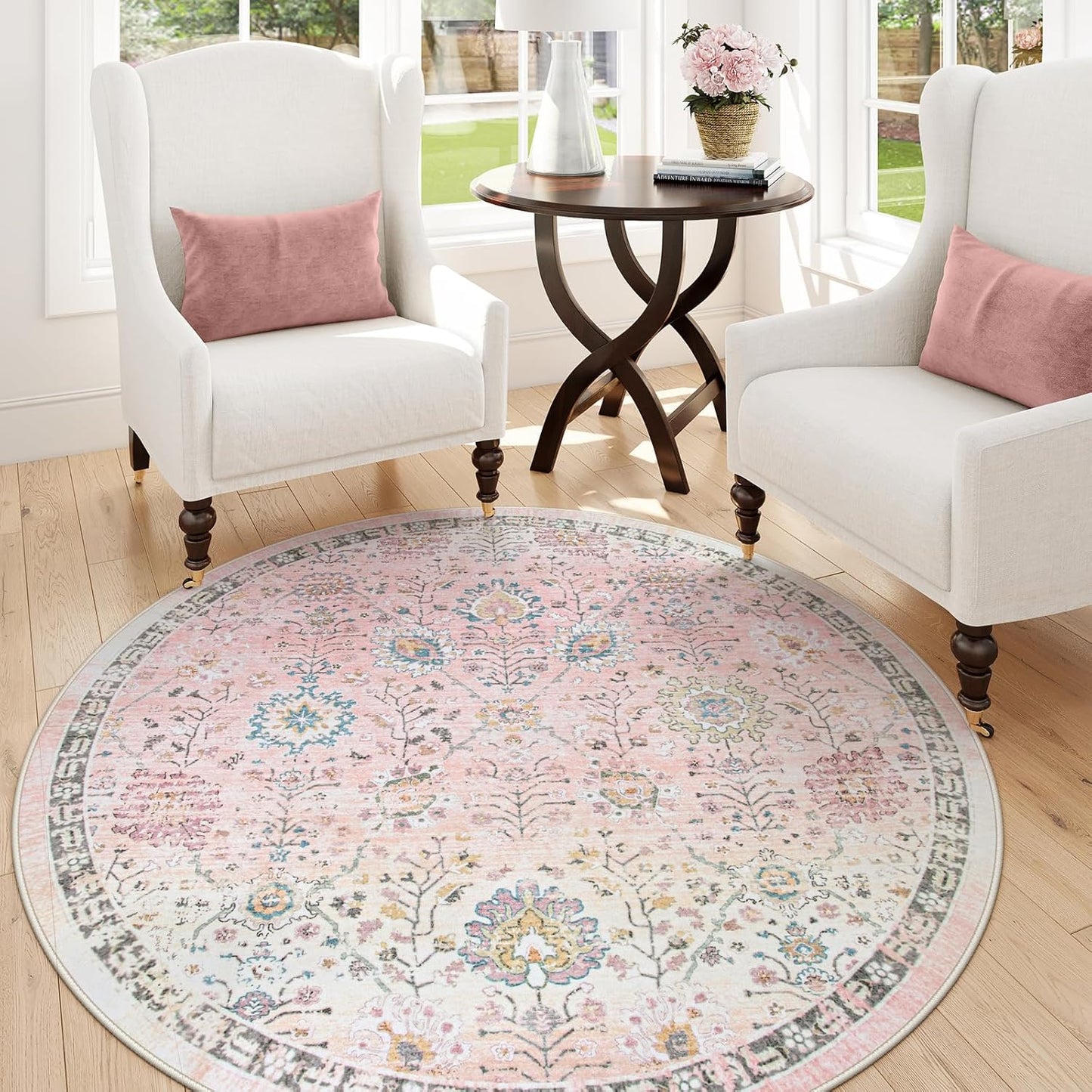 Lahome Light Pink Boho Rug 6ft, Circle Washable Area Rugs for Playroom Kids Room, Soft Floral Nursery Round Carpet Non Slip, Pastel Floor Carpet for Bedroom Living Room