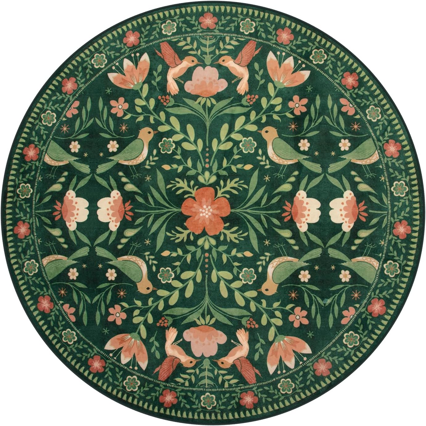 Moynesa Machine Washable Round Rug, 6ft Circle Area Rug for Living Room Non Slip, Ultra Thin, Soft, Indoor Boho Bird Dark Green 6'x6' Carpet for Bedroom Office Under Table Kid Playroom