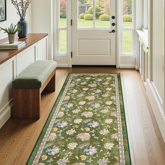 jinchan 3x10 Floral Runner Rug for Hallway Washable Kitchen Runner Vintage Romance Design Non Slip Thin Indoor Floor Cover Low-Profile Throw Carpet for Entryway Bathroom Bedroom Porch, Green