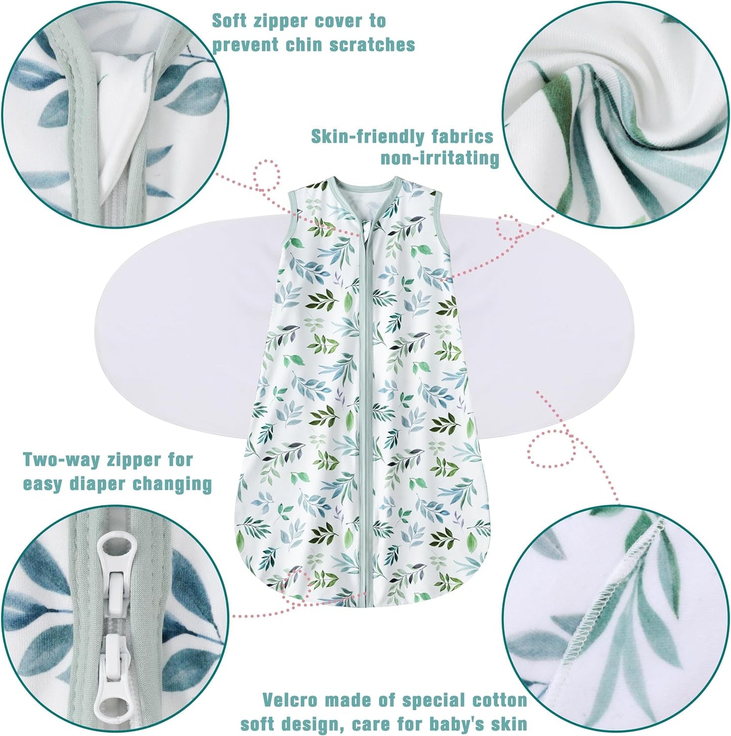Newborn Sleep Sack Baby Swaddle,Swaddle me 0-3 Month,3-Way Adjustable Wearable Blanket,100% Rayon Cotton Swaddling Sleeping Bag，TOG 0.5 (Leaf, 0-3 Months)