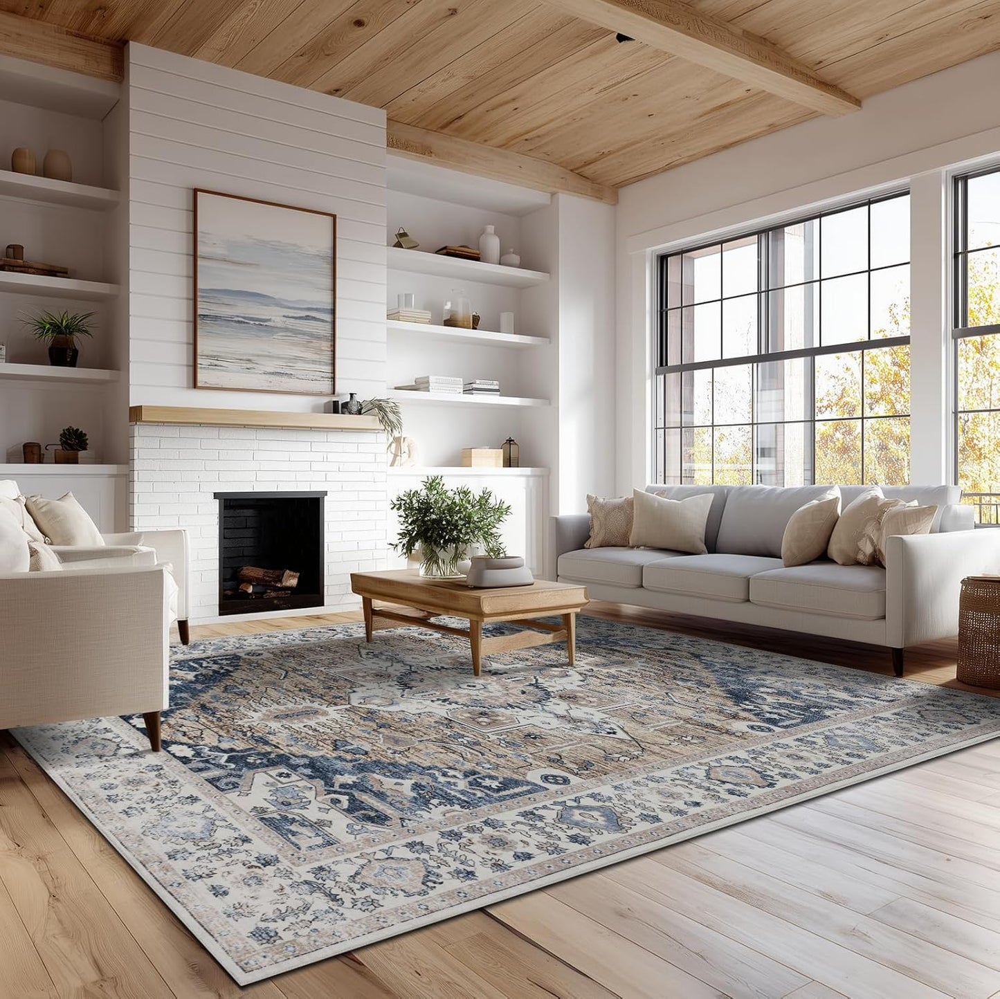 Washable Area Rugs 8x10, Large Rugs for Living Room, Carpet for Bedroom, Soft Faux Wool Retro Dining Room Rug, Non-Slip Backing Resistant Low Pile Vintage Print Rug for Home Office (Taupe/Blue)