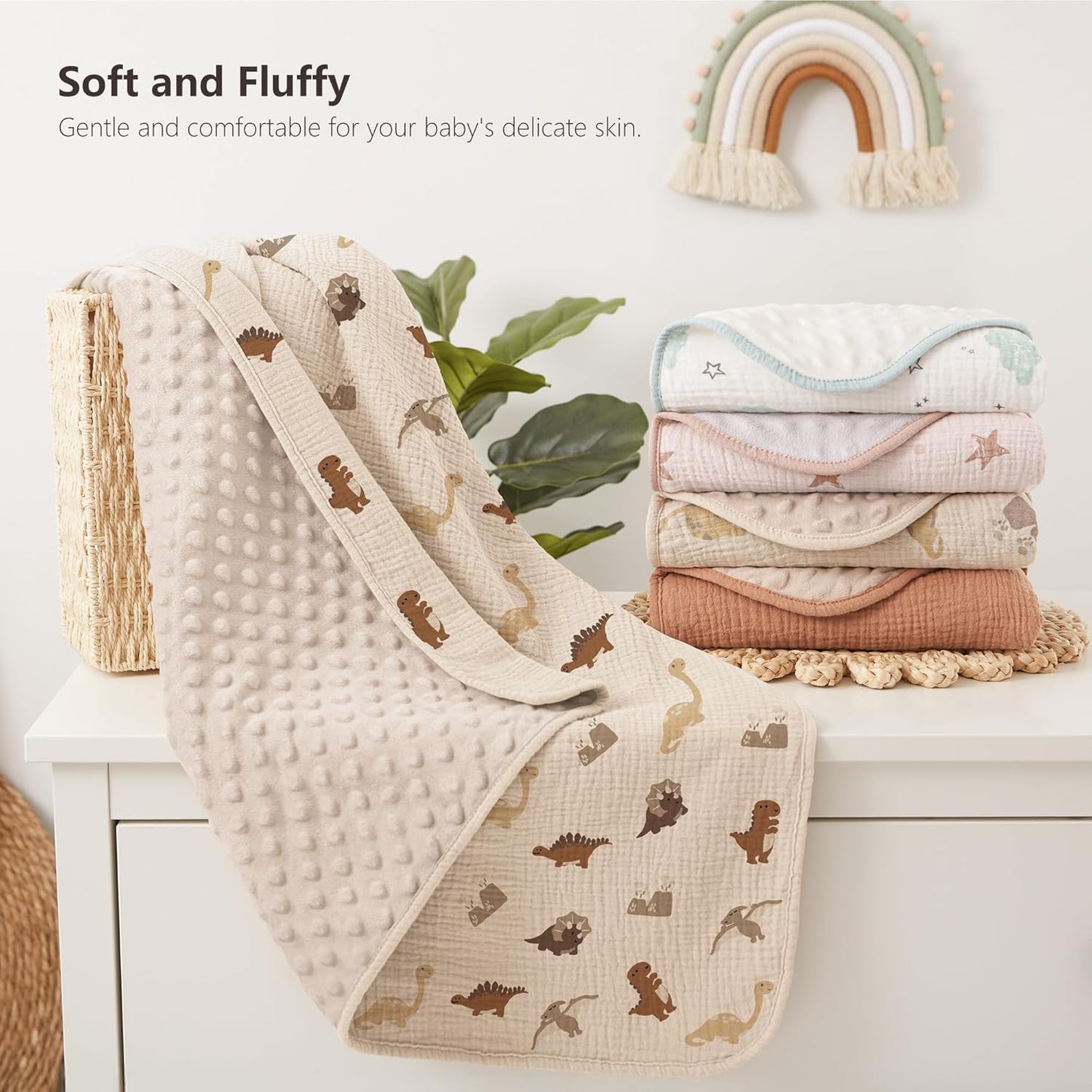 Susurration Baby Blanket for Unisex Boys Girls, Soft Nursery Minky Blanket with Muslin Cotton Front and Dotted Fleece Back, Receiving Blanket for Baby Newborn Infant, 30x40inch (Dinosaur)