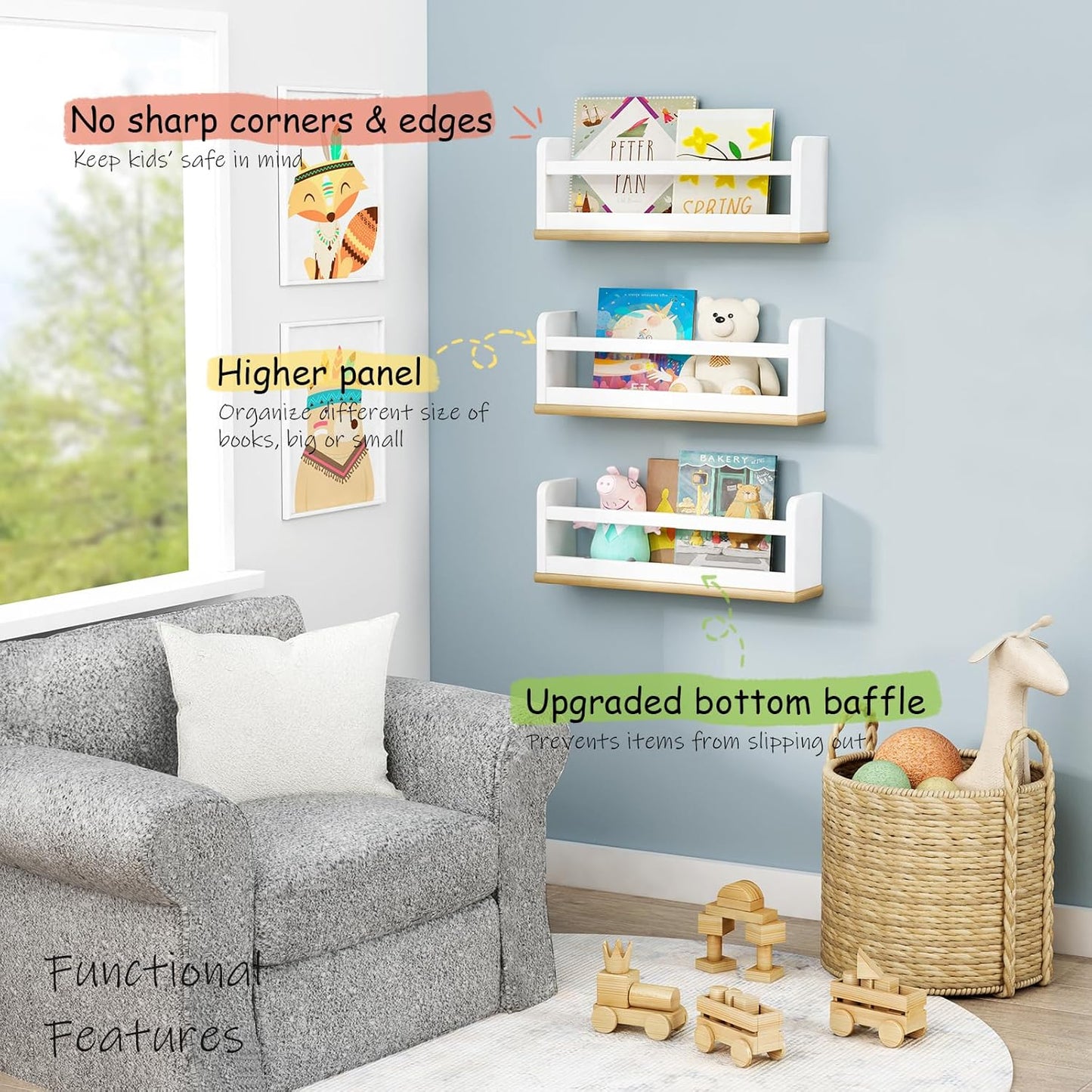 Upgraded Floating Nursery Book Shelves for Wall, White and Natural Kids Bookshelf Wall Mounted, Wood Baby Toddler Children Hanging Bookshelves for Kids Room Bedroom - Set of 3