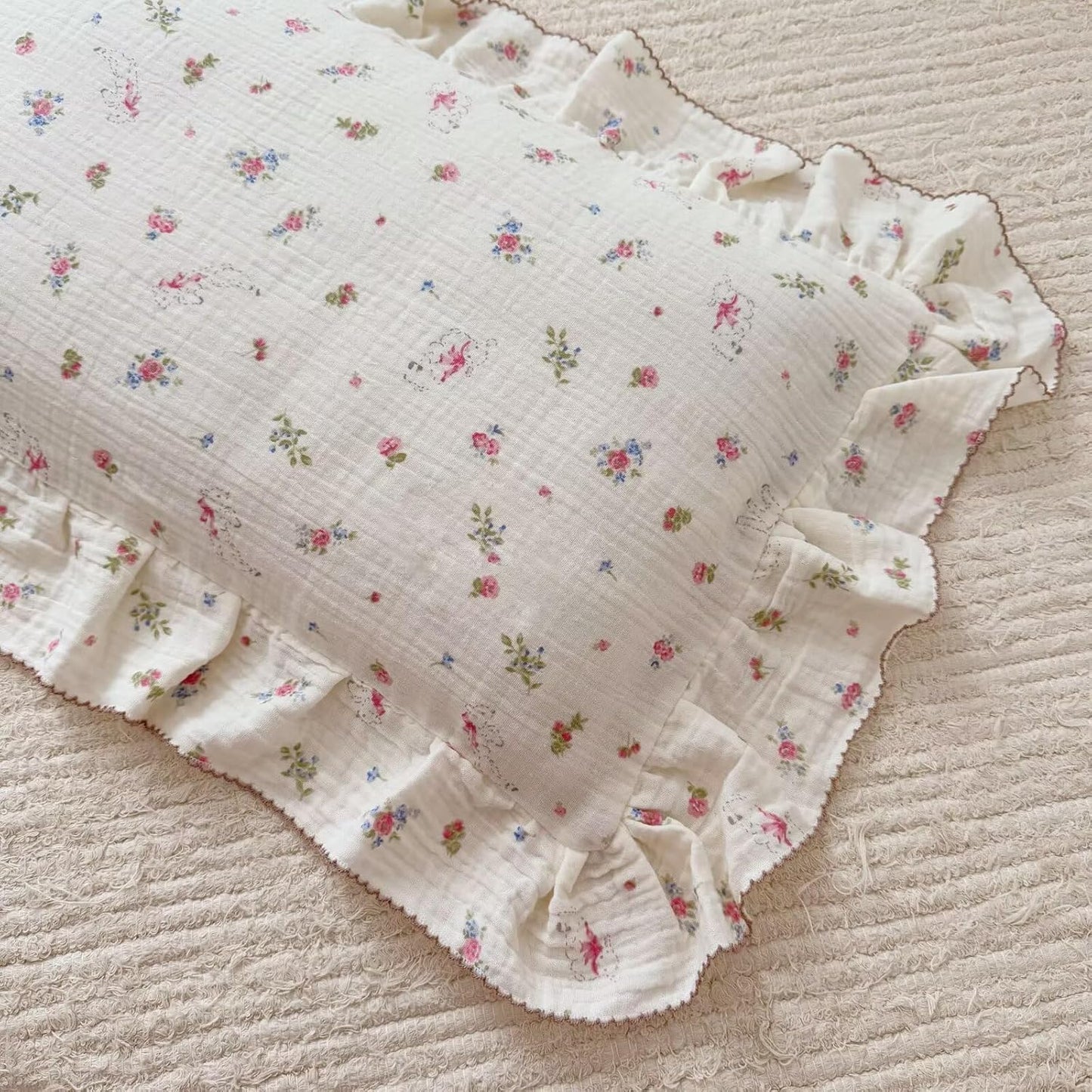 BuLuTu 2 Layers Muslin Cotton Toddler Pillowcase, 1 pc, 14"x20", Cute Pink Flower with Sheep Pattern Small Pillow Cases for Toddler Girls Boys Soft Breathable Pillow Covers, Envelope Closure