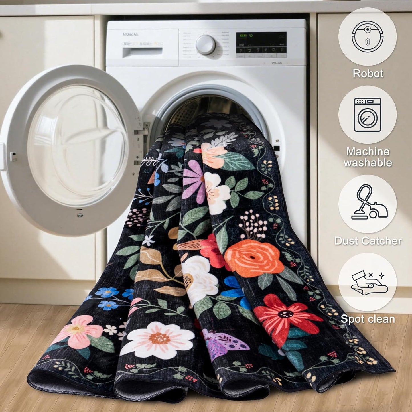 8x10 Area Rugs for Living Room: Washable Rug Vintage Large Soft Boho Floral Non-Slip Carpet Indoor Floor Stain Resistant Thin Carpets for Bedroom Dining Room Farmhouse Nursery Home Office Black