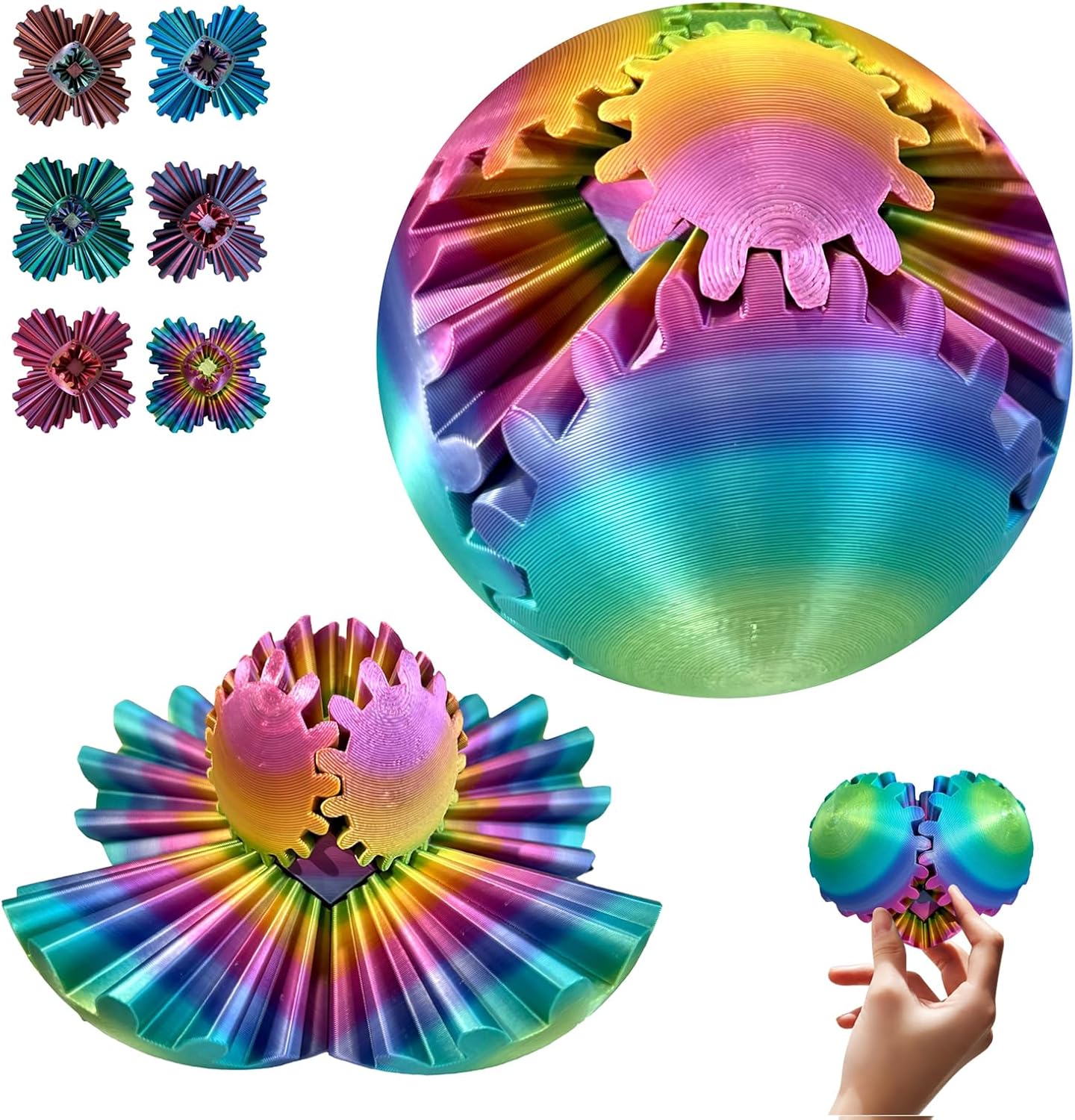 Gear Ball - GearSphere Fidget Toy, 3D Printed Gear Ball Spin Ball Cube Desk Toy, 2024 Gear Sphere Cube Puzzlefor Adults Kids, Stress and Anxiety Relaxing Fidget Toy (Iridescence)