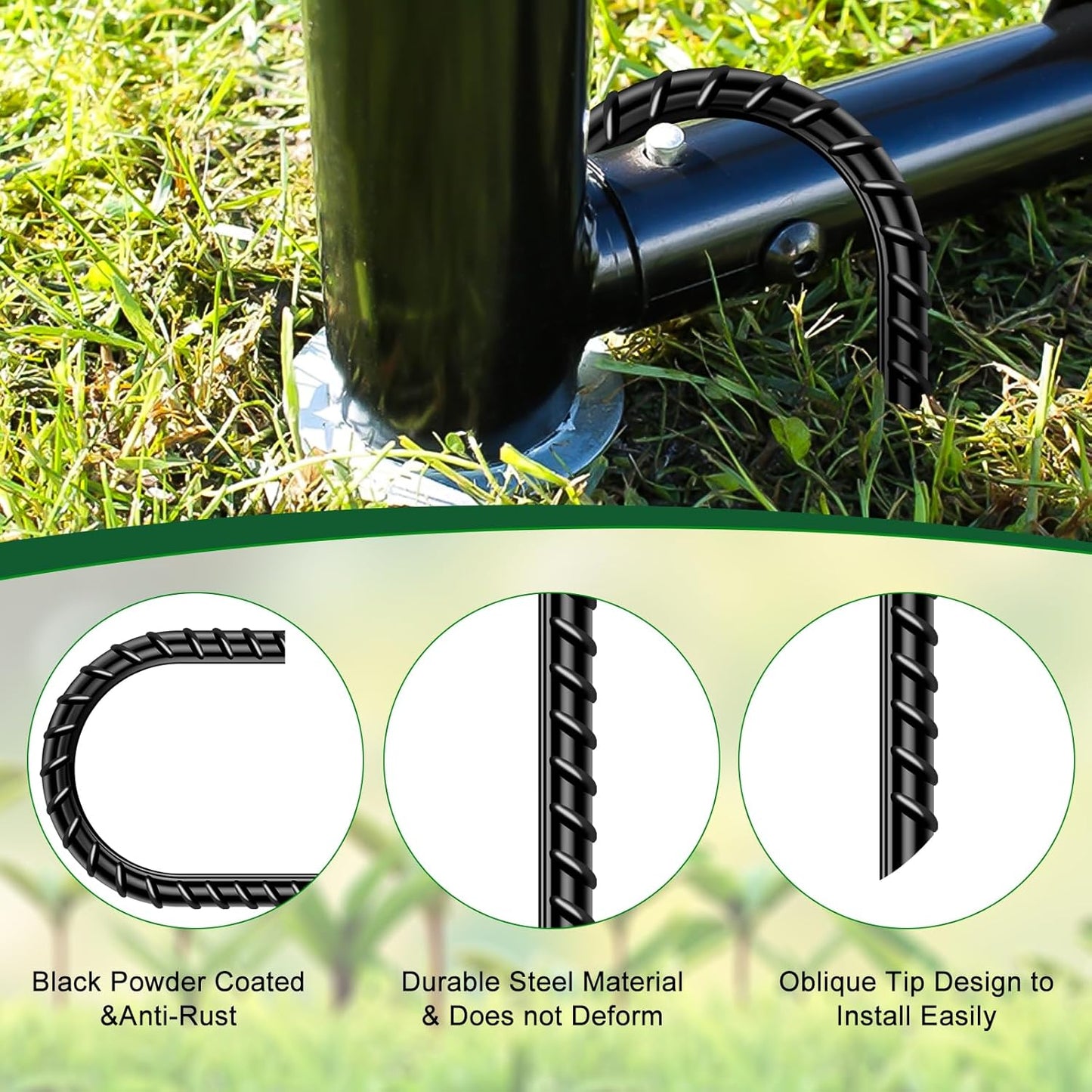 FEED GARDEN 16 Inch 16 Pack Rebar Stakes Heavy Duty J Hook, Galvanized Steel Ground Stakes Tent Stakes Ground Anchors, Chain Link Fence Stakes, Trampoline Stakes, Black