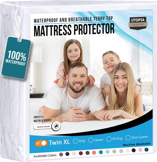 Utopia Bedding Waterproof Mattress Protector Twin XL Size, Premium Terry Mattress Cover 200 GSM, Breathable, Fitted Style with Stretchable Pockets (White)