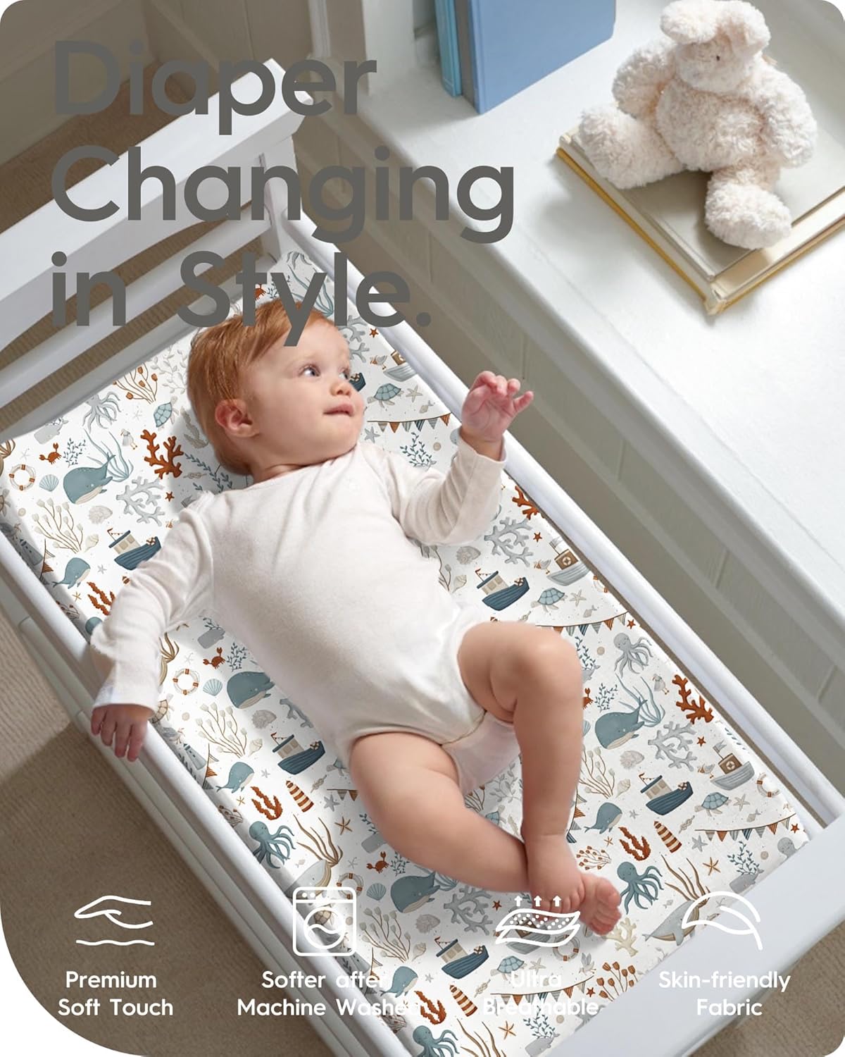 Extra Stretchy Changing Pad Cover, TotBasic Ultra Soft Premium Jersey Knit Changing Pad Sheets, Unisex for Boys Girls, Fits All Standard Changing Tables/Dresser Tops - 2 Pack (Dino + Whale)