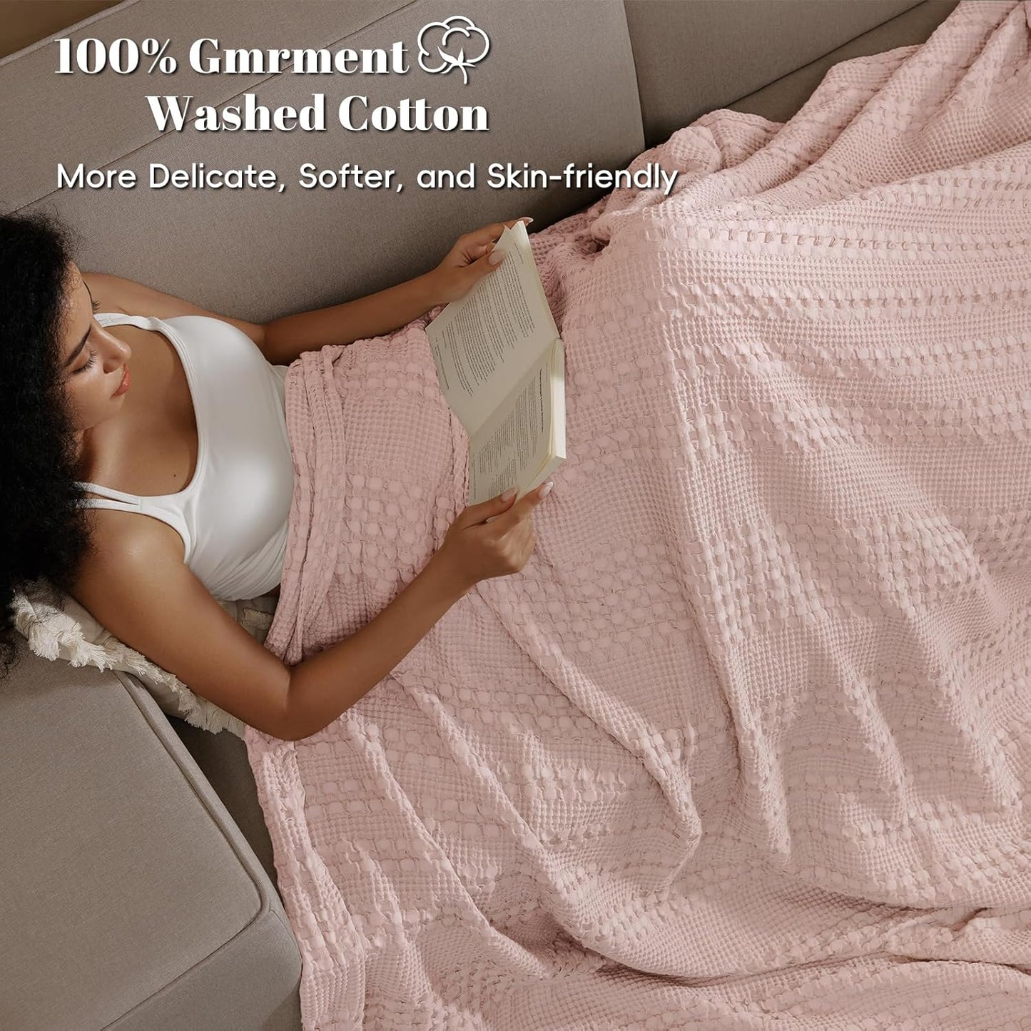 PHF 100% Cotton Waffle Weave Blanket King Size, Soft Lightweight Breathable Cozy Summer Blankets for Bed, Luxury Aesthetic Woven Bedding for Home Decor, 108"x90", Pink/Mauve