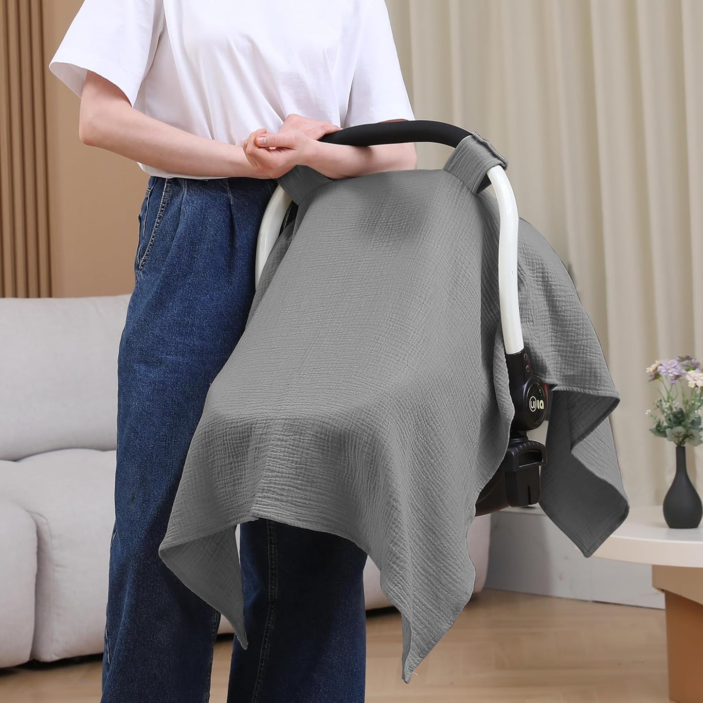 100% Muslin Cotton Car Seat Cover Baby, Carseat Canopy Cover, Universal Fit Stroller Covers for Boys and Girls (Grey)
