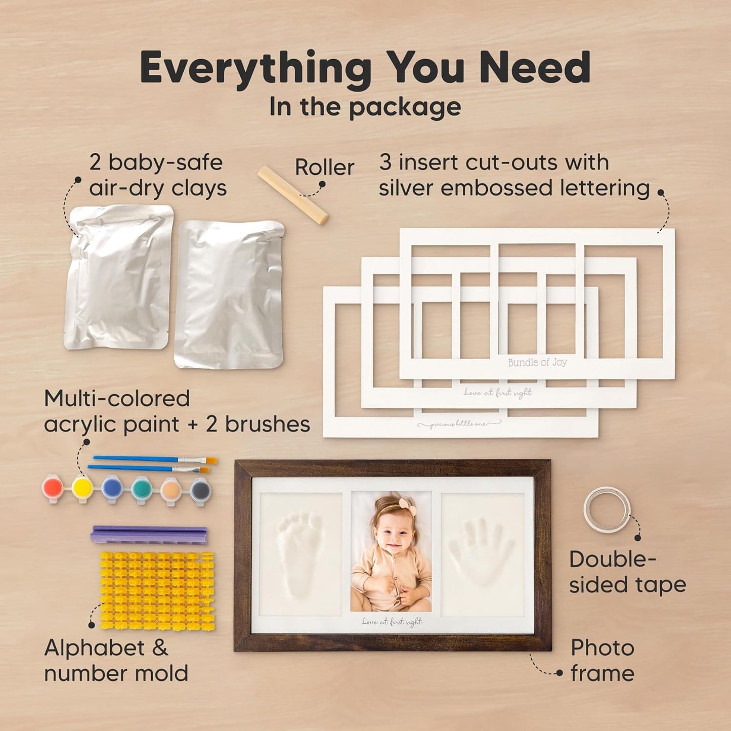 Baby Hand and Footprint Kit - Clay Handprint Keepsake Frame, Newborn Nursery Picture Frame, Personalized New Mom Gifts for Baby Shower & Registry (Dark Walnut)