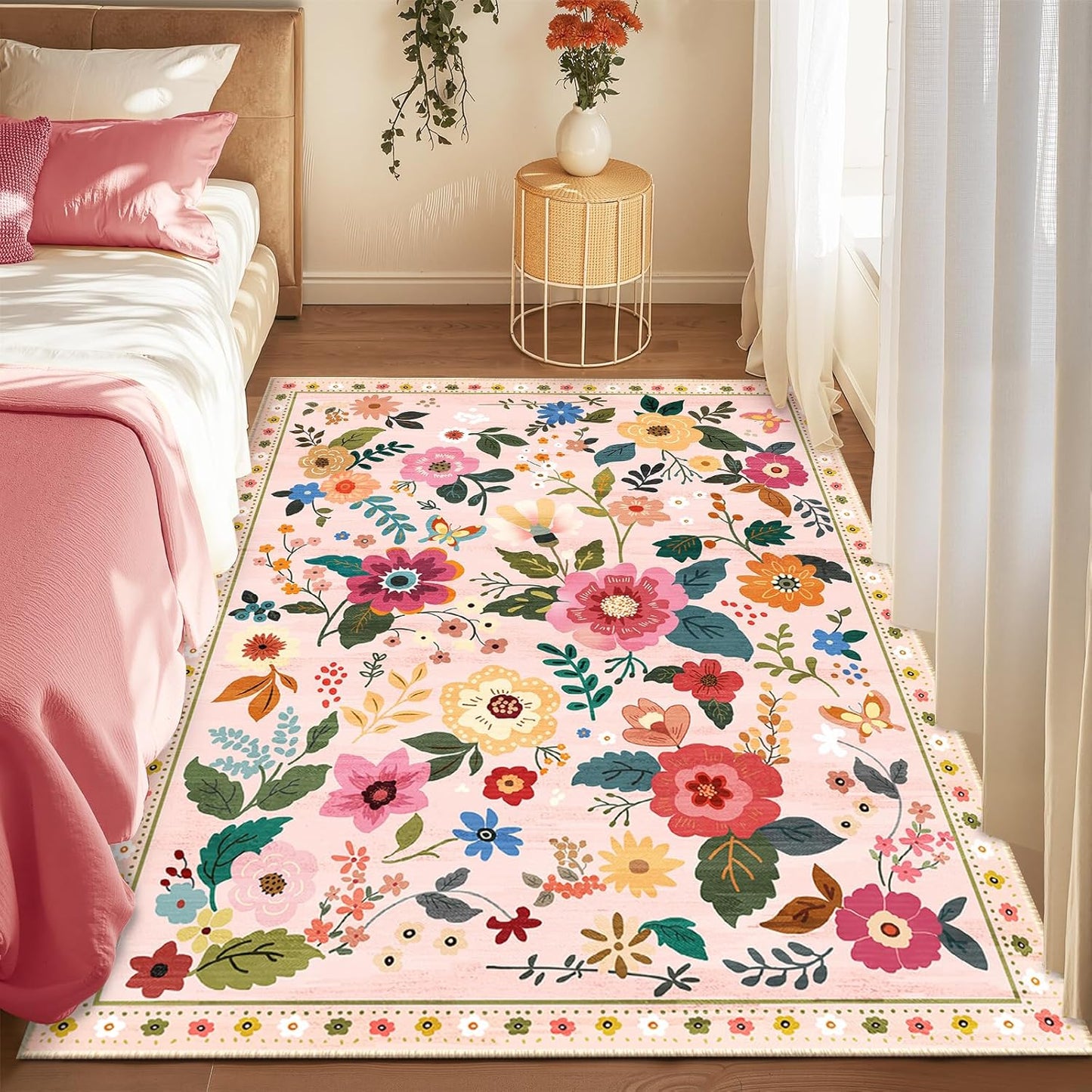 Floral 4x6 Area Rug Machine Washable Soft Print Boho Carpet Non Slip Doormat Low Pile Flower Area Rugs for Living Room Bedroom Nursery Kitchen Dining Room Indoor-Pink