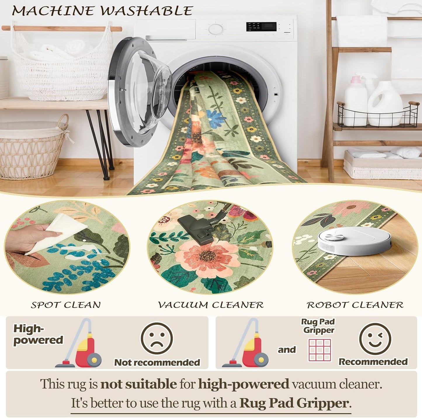 Floral 4ft Area Rug Machine Washable Soft Print Boho Carpet Non Slip Doormat Low Pile Flower Area Rugs for Living Room Bedroom Nursery Kitchen Dining Room Indoor-Light Green